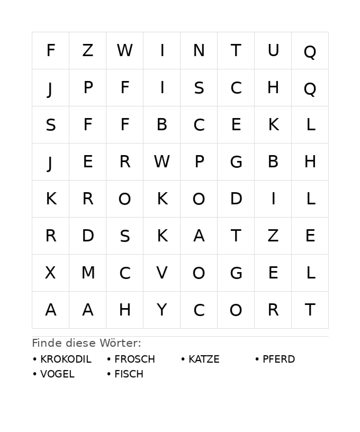 Wortsuchrätsel Wortsuchrätsel: Tiere für Kindergarten aus der Kategorie Wortsuchrätsel - kostenlos ausdrucken