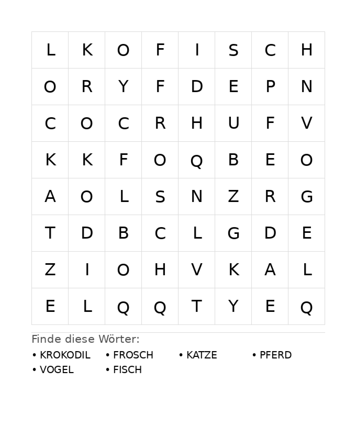 Wortsuchrätsel Wortsuchrätsel: Tiere für Kindergarten aus der Kategorie Wortsuchrätsel - kostenlos ausdrucken