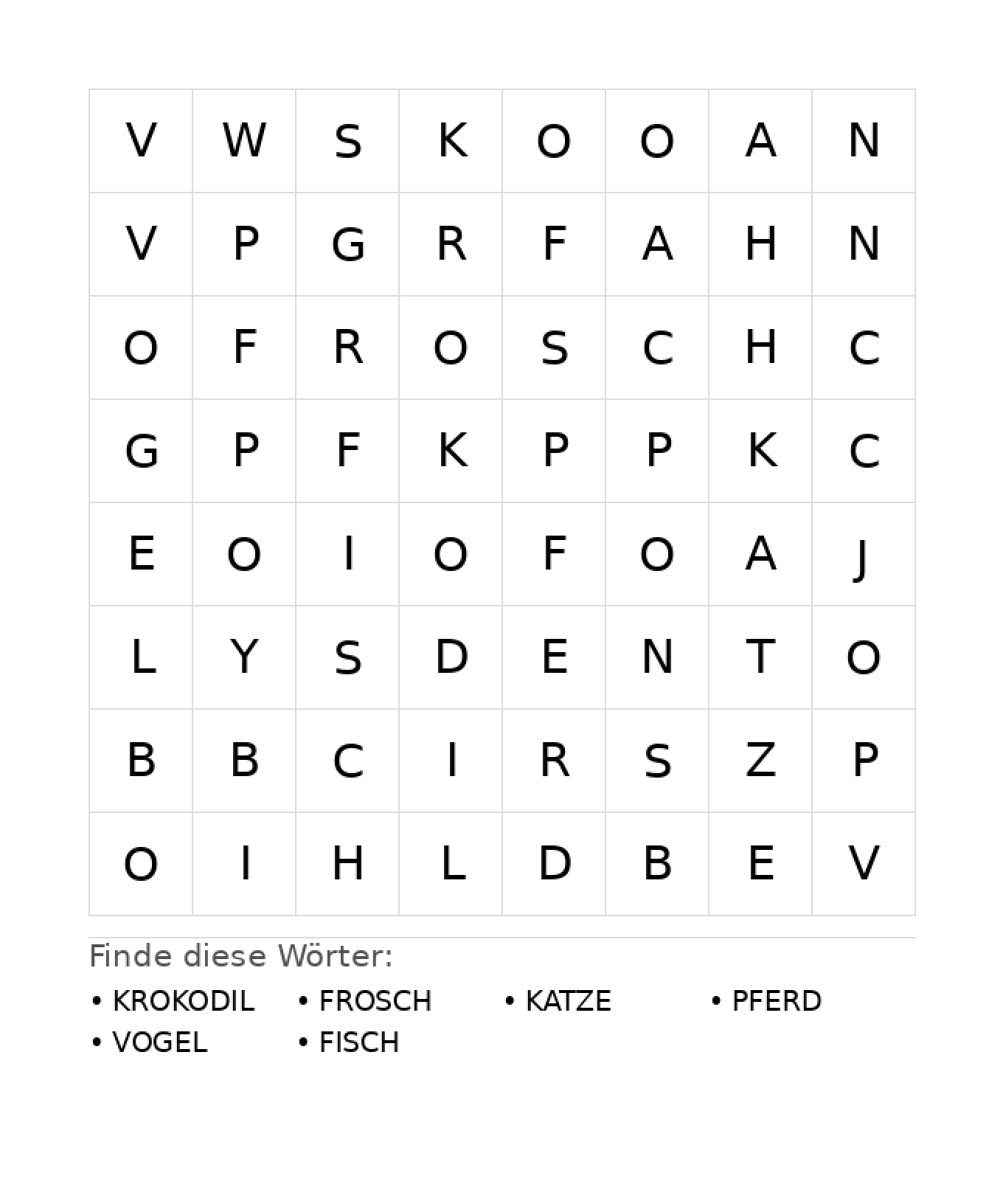 Wortsuchrätsel Wortsuchrätsel: Tiere für Kindergarten aus der Kategorie Wortsuchrätsel - kostenlos ausdrucken
