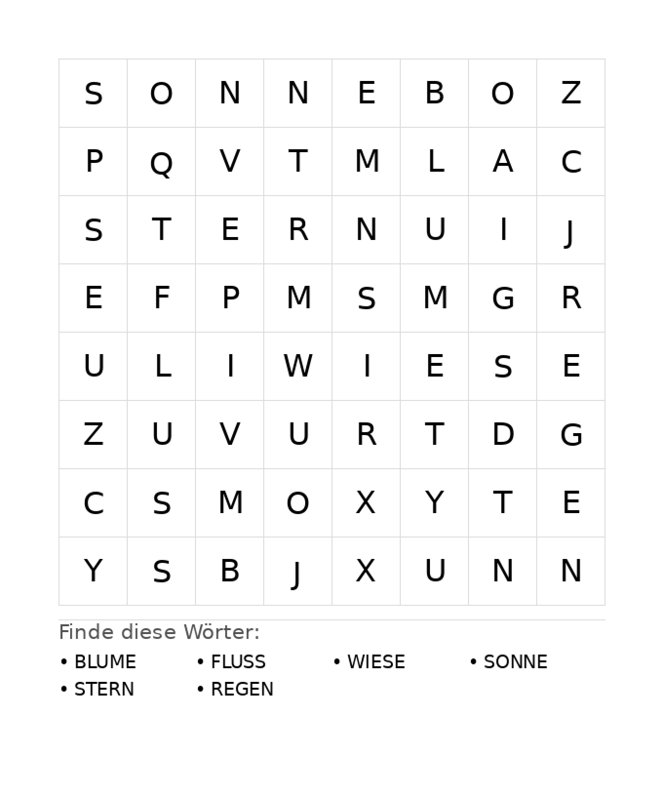 Wortsuchrätsel Wortsuchrätsel: Natur für Kindergarten aus der Kategorie Wortsuchrätsel - kostenlos ausdrucken