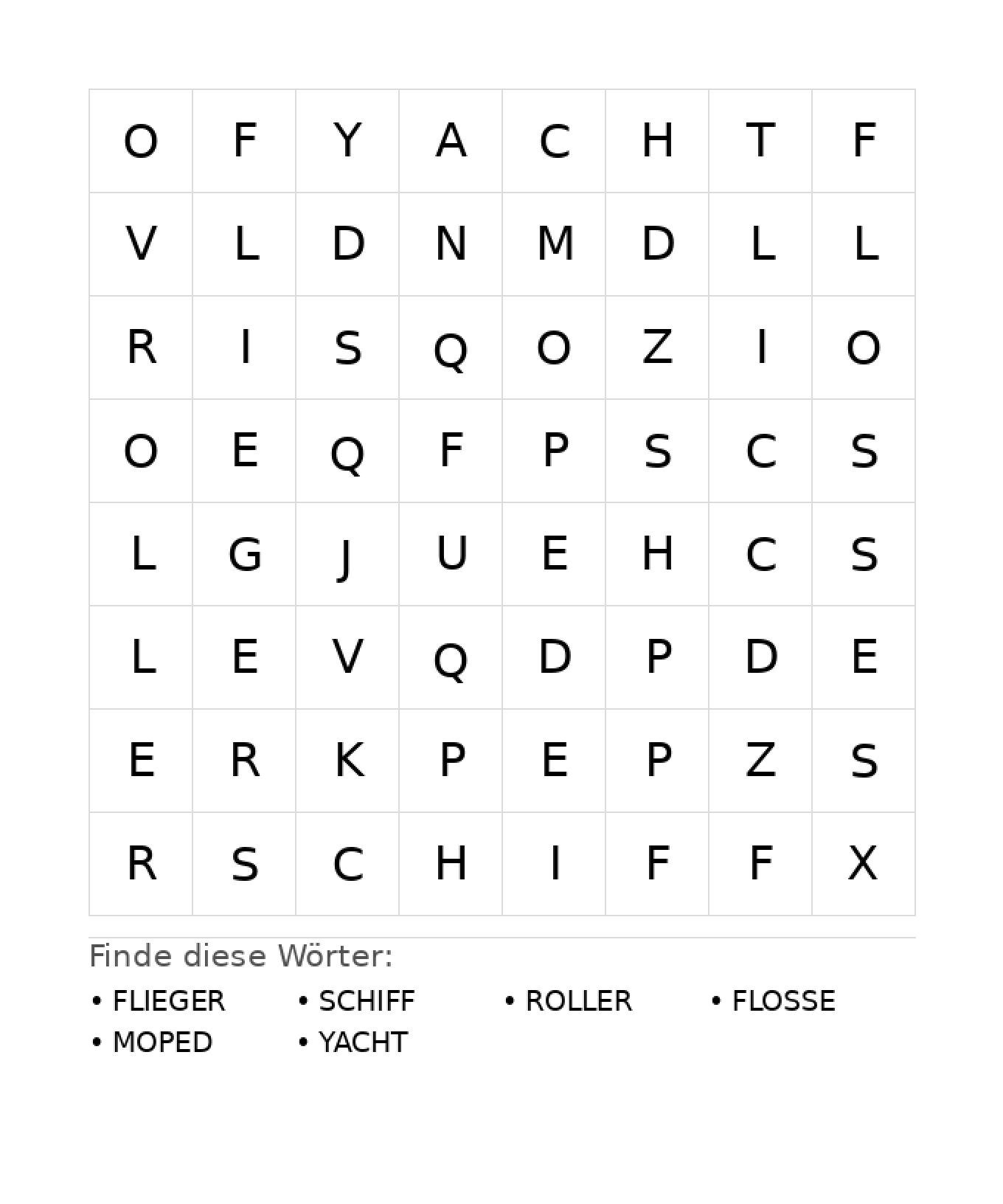 Wortsuchrätsel Wortsuchrätsel: Fahrzeuge für Kindergarten aus der Kategorie Wortsuchrätsel - kostenlos ausdrucken