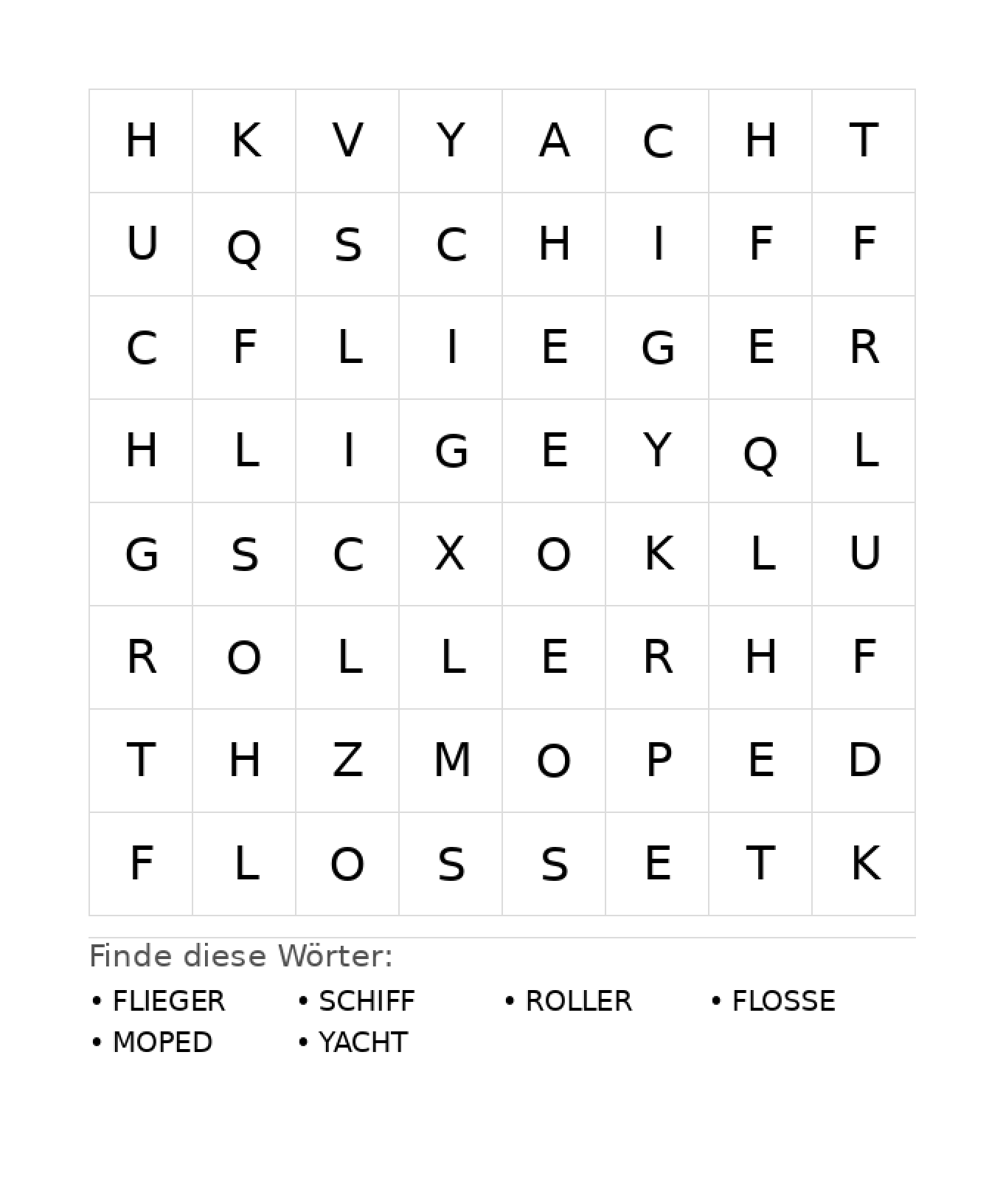 Wortsuchrätsel Wortsuchrätsel: Fahrzeuge für Kindergarten aus der Kategorie Wortsuchrätsel - kostenlos ausdrucken