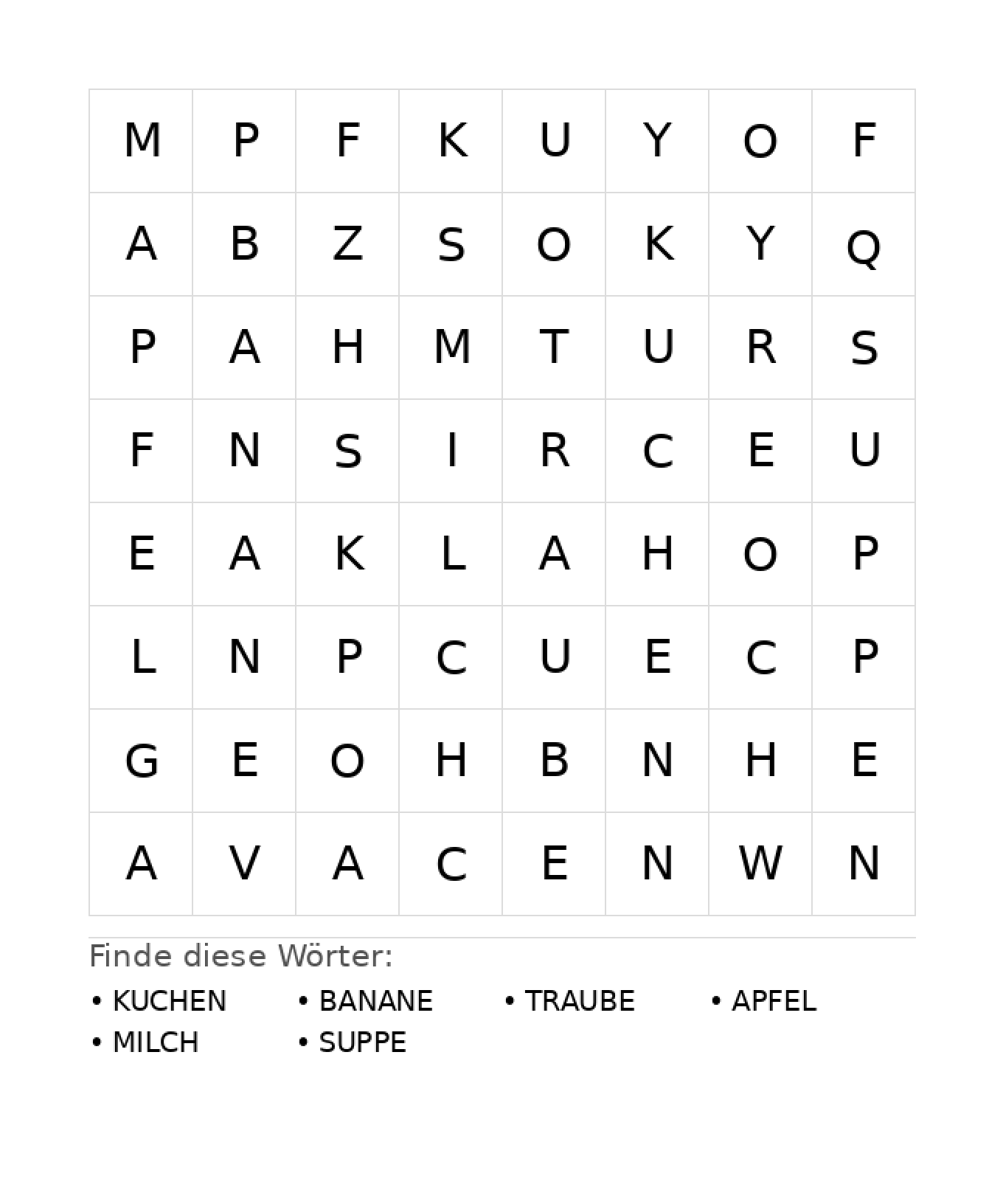 Wortsuchrätsel Wortsuchrätsel: Essen für Kindergarten aus der Kategorie Wortsuchrätsel - kostenlos ausdrucken
