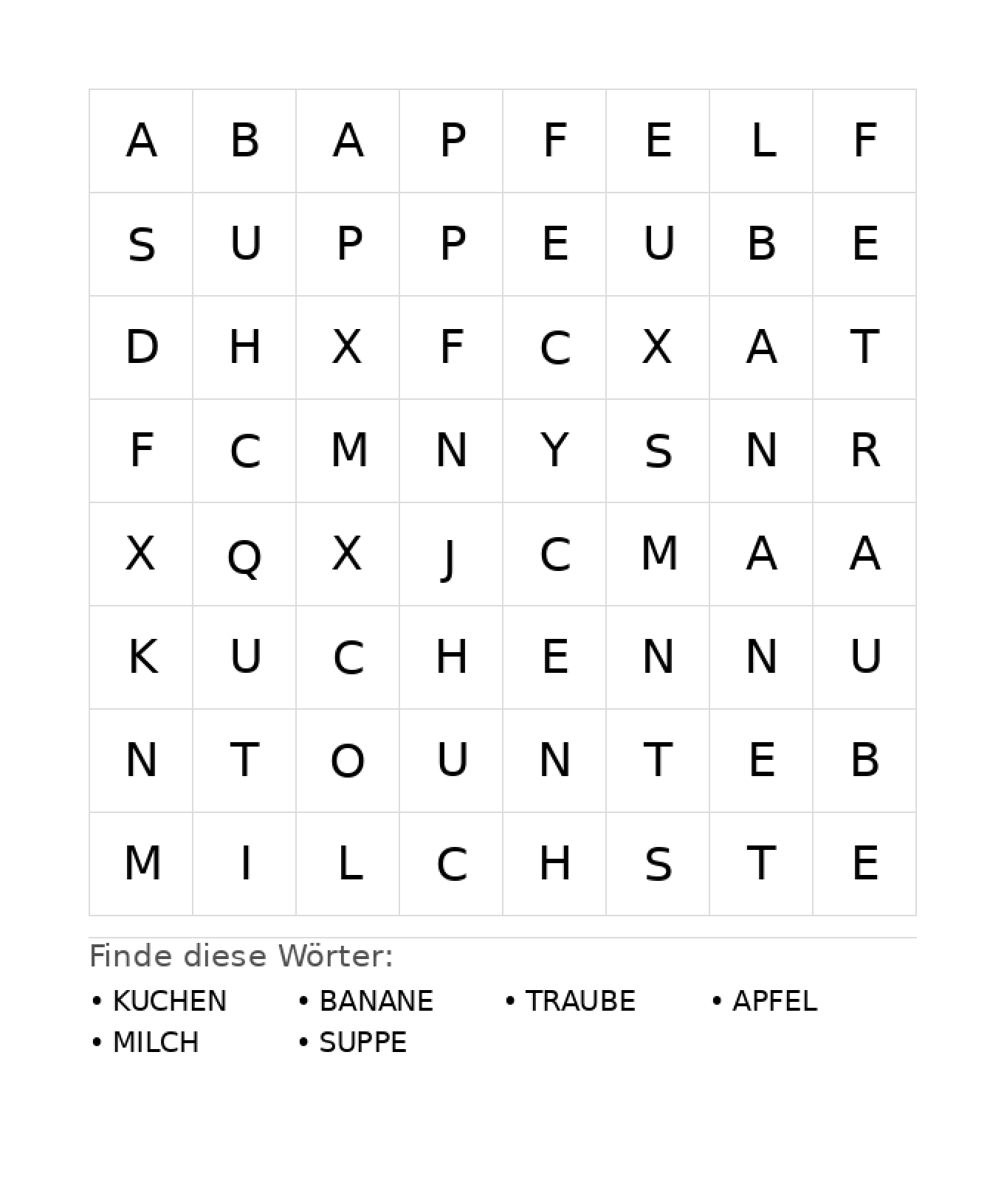 Wortsuchrätsel Wortsuchrätsel: Essen für Kindergarten aus der Kategorie Wortsuchrätsel - kostenlos ausdrucken