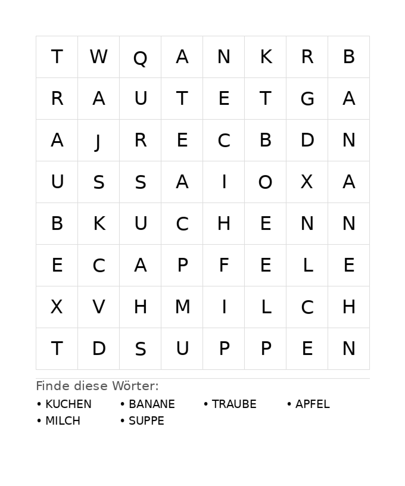 Wortsuchrätsel Wortsuchrätsel: Essen für Kindergarten aus der Kategorie Wortsuchrätsel - kostenlos ausdrucken