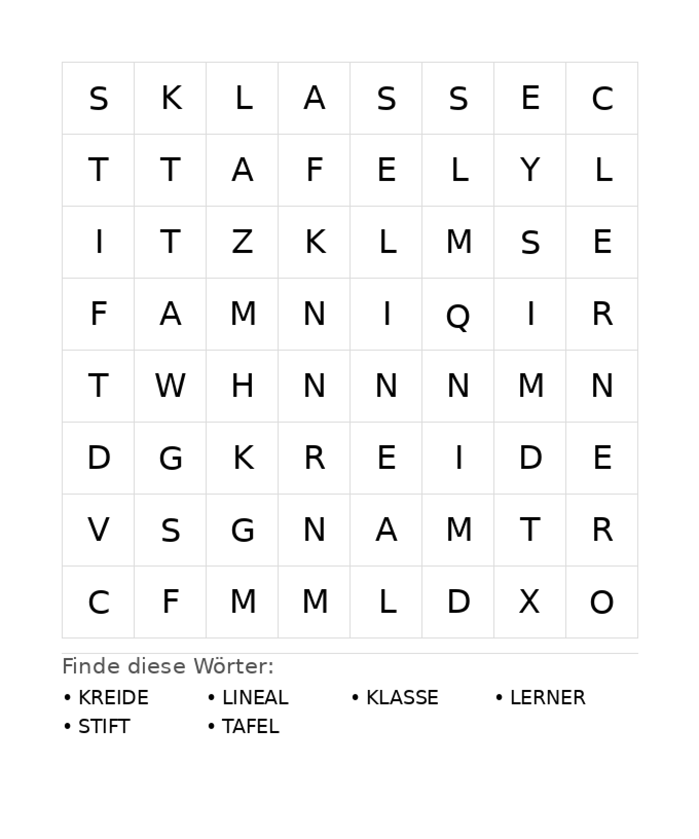 Wortsuchrätsel Wortsuchrätsel: Schule für Kindergarten aus der Kategorie Wortsuchrätsel - kostenlos ausdrucken