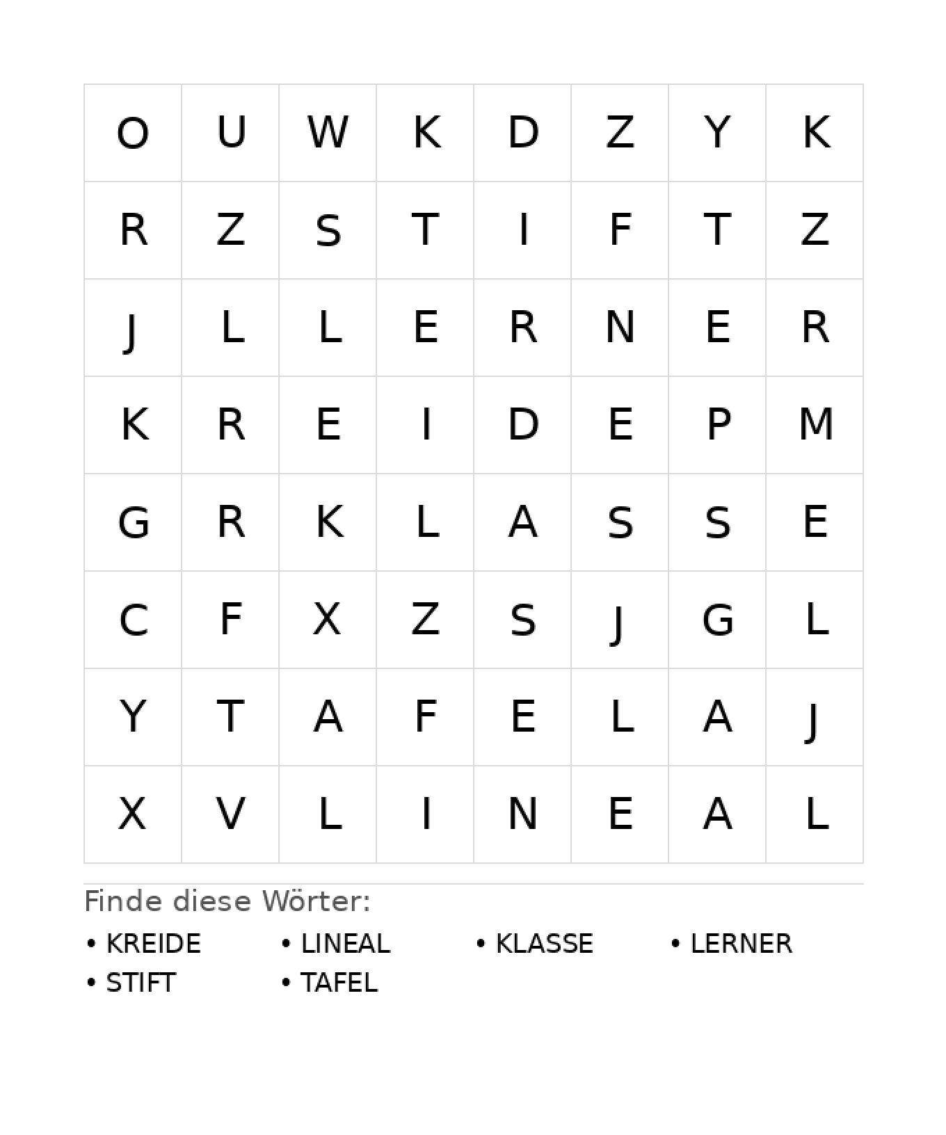 Wortsuchrätsel Wortsuchrätsel: Schule für Kindergarten aus der Kategorie Wortsuchrätsel - kostenlos ausdrucken