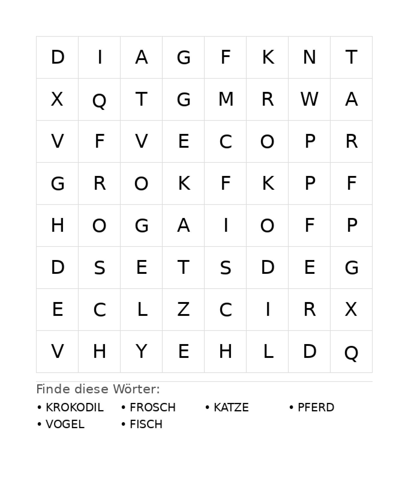Wortsuchrätsel Wortsuchrätsel: Tiere für Kindergarten aus der Kategorie Wortsuchrätsel - kostenlos ausdrucken