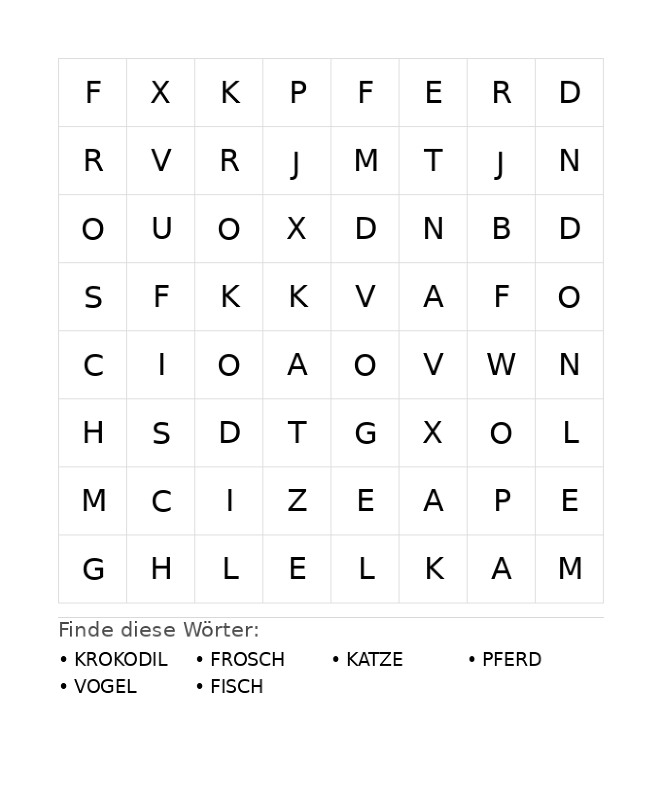 Wortsuchrätsel Wortsuchrätsel: Tiere für Kindergarten aus der Kategorie Wortsuchrätsel - kostenlos ausdrucken