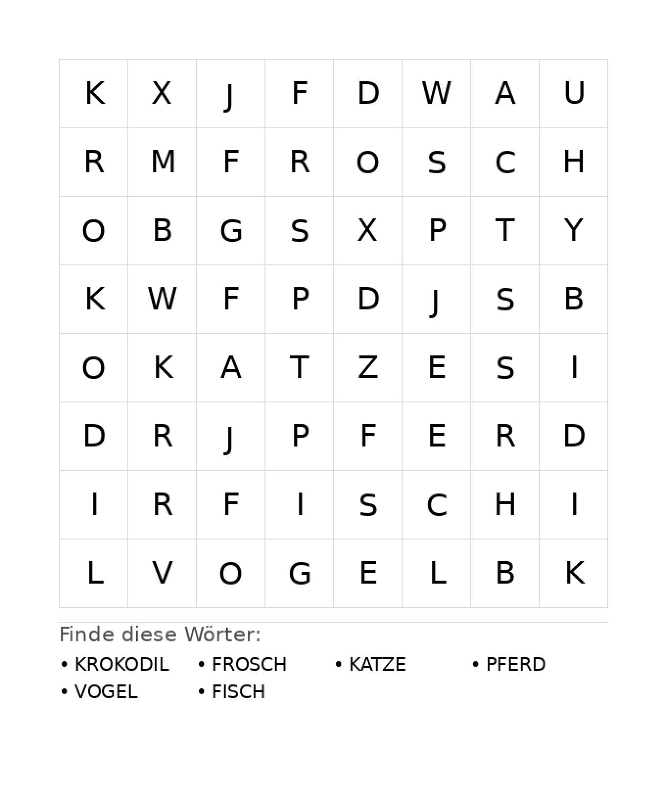 Wortsuchrätsel Wortsuchrätsel: Tiere für Kindergarten aus der Kategorie Wortsuchrätsel - kostenlos ausdrucken