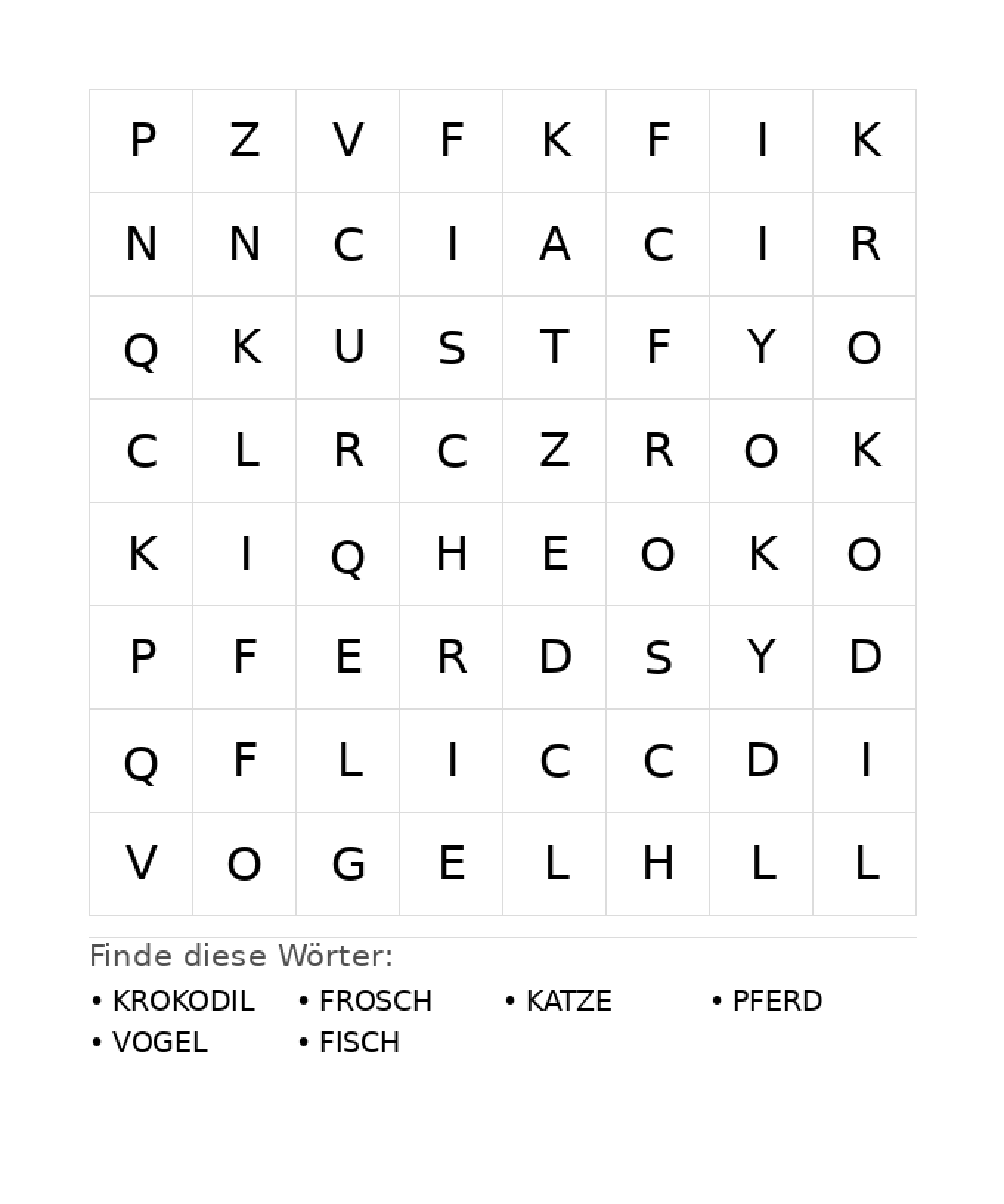 Wortsuchrätsel Wortsuchrätsel: Tiere für Kindergarten aus der Kategorie Wortsuchrätsel - kostenlos ausdrucken