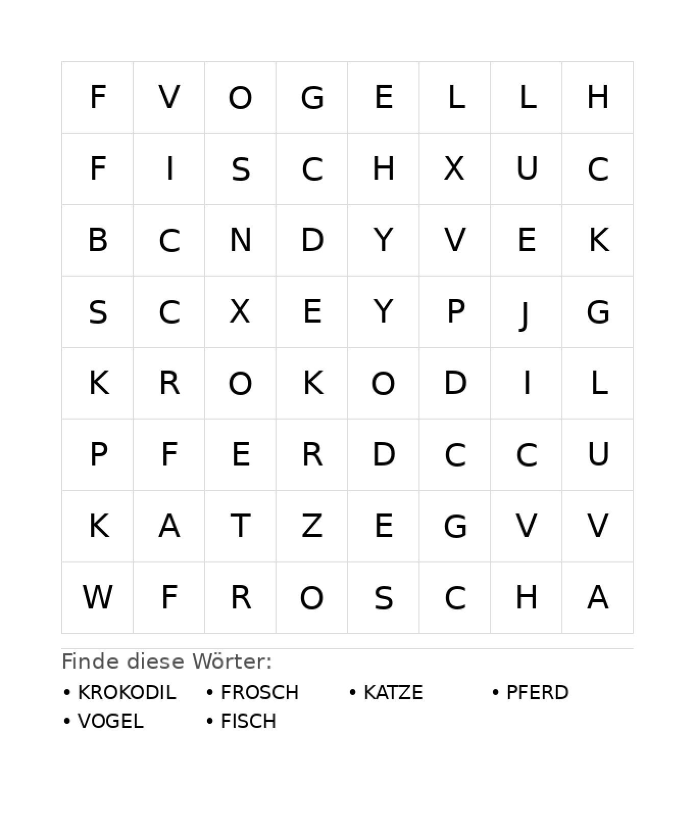 Wortsuchrätsel Wortsuchrätsel: Tiere für Kindergarten aus der Kategorie Wortsuchrätsel - kostenlos ausdrucken