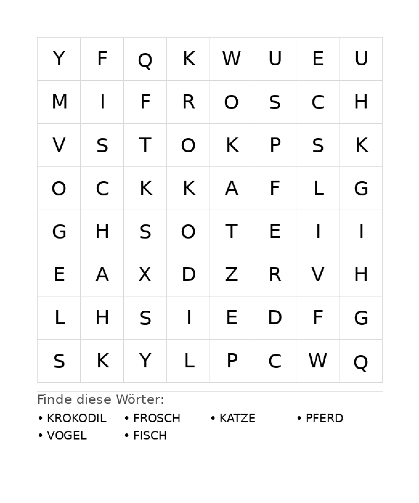 Wortsuchrätsel Wortsuchrätsel: Tiere für Kindergarten aus der Kategorie Wortsuchrätsel - kostenlos ausdrucken