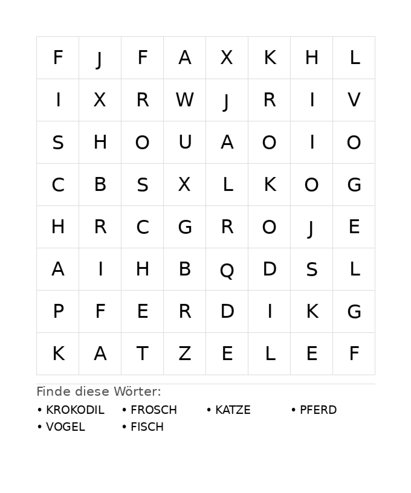 Wortsuchrätsel Wortsuchrätsel: Tiere für Kindergarten aus der Kategorie Wortsuchrätsel - kostenlos ausdrucken