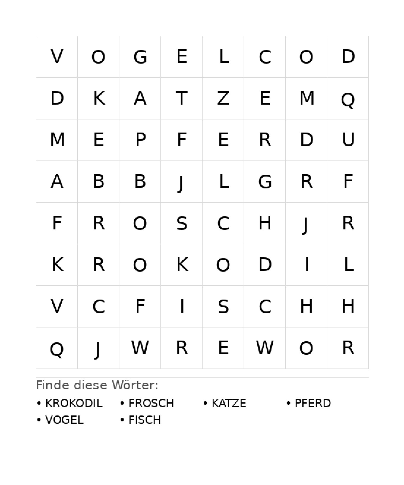 Wortsuchrätsel Wortsuchrätsel: Tiere für Kindergarten aus der Kategorie Wortsuchrätsel - kostenlos ausdrucken