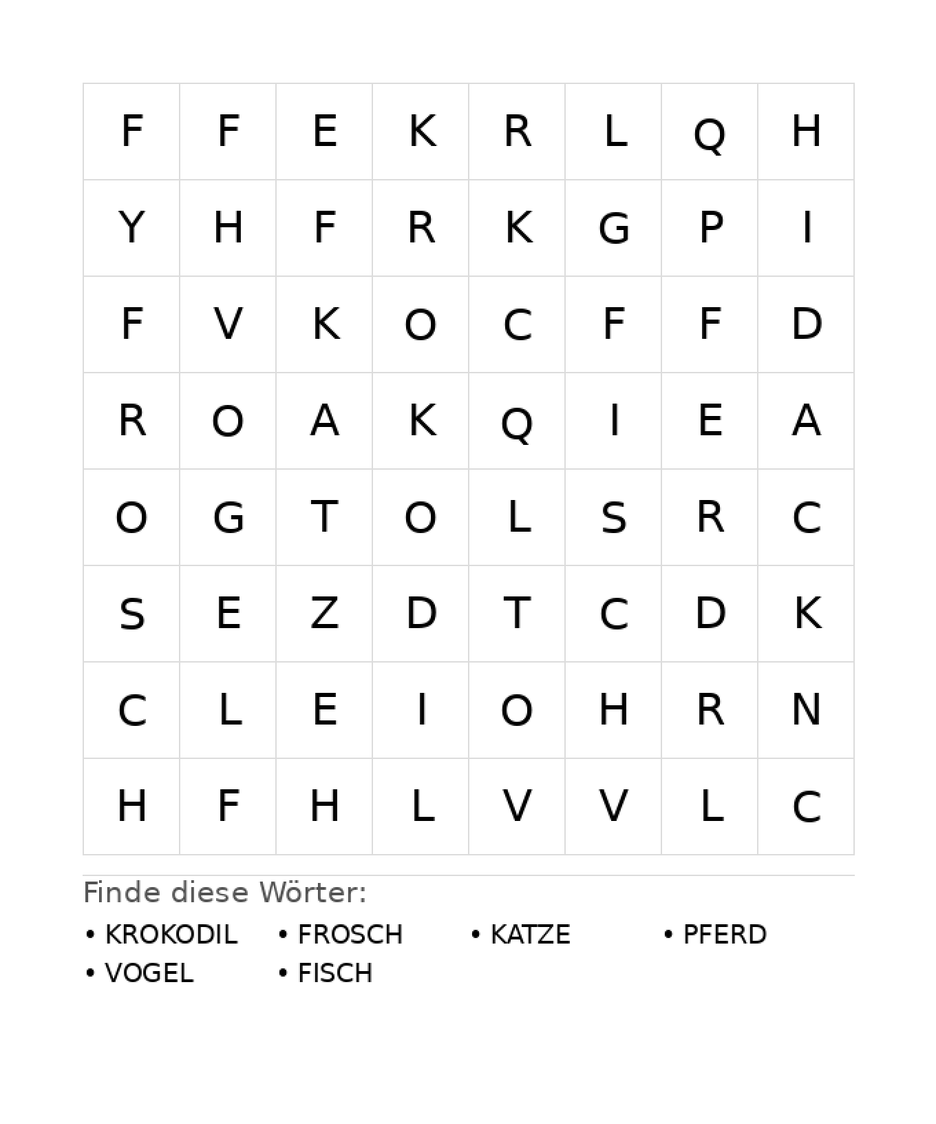 Wortsuchrätsel Wortsuchrätsel: Tiere für Kindergarten aus der Kategorie Wortsuchrätsel - kostenlos ausdrucken