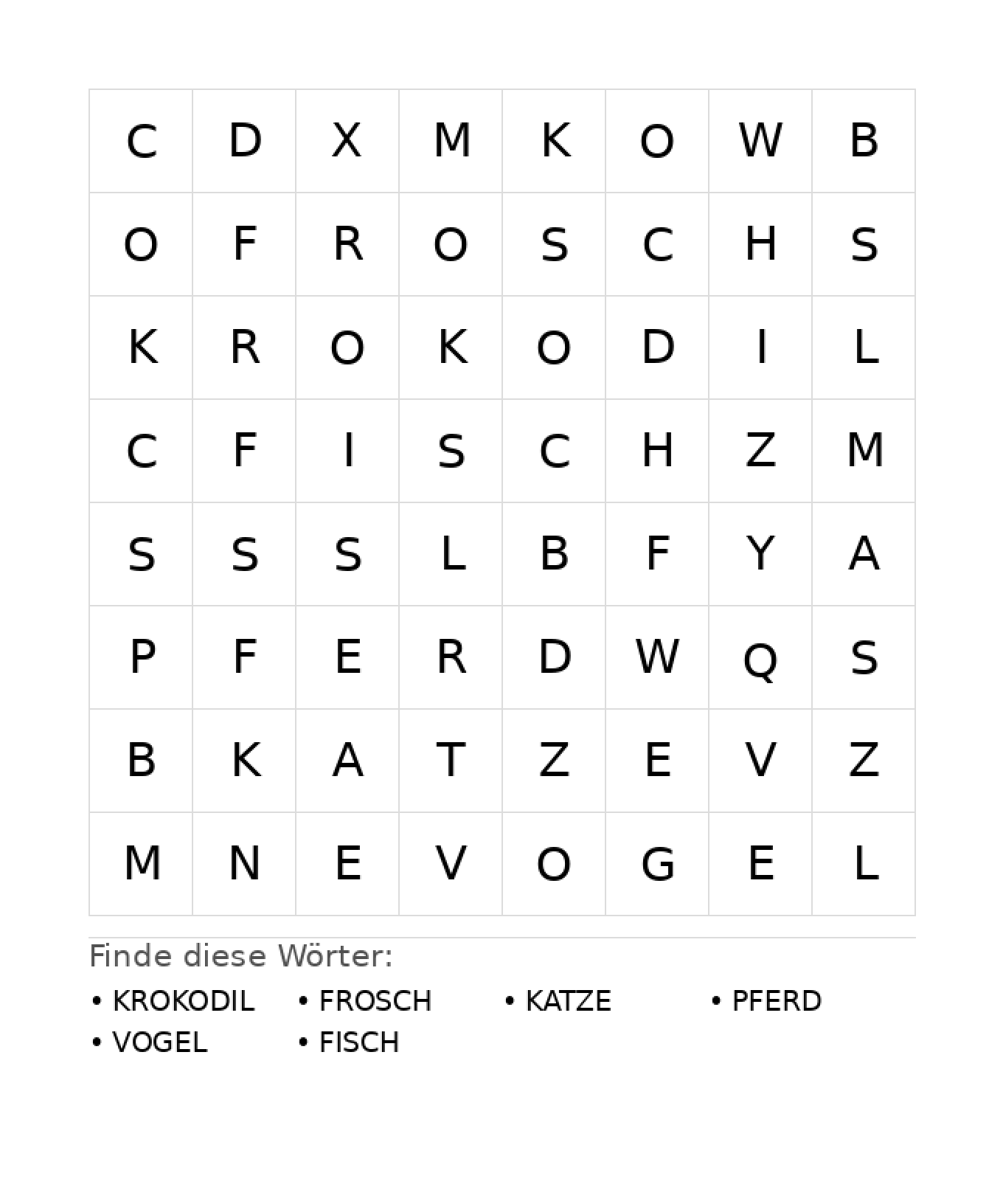 Wortsuchrätsel Wortsuchrätsel: Tiere für Kindergarten aus der Kategorie Wortsuchrätsel - kostenlos ausdrucken