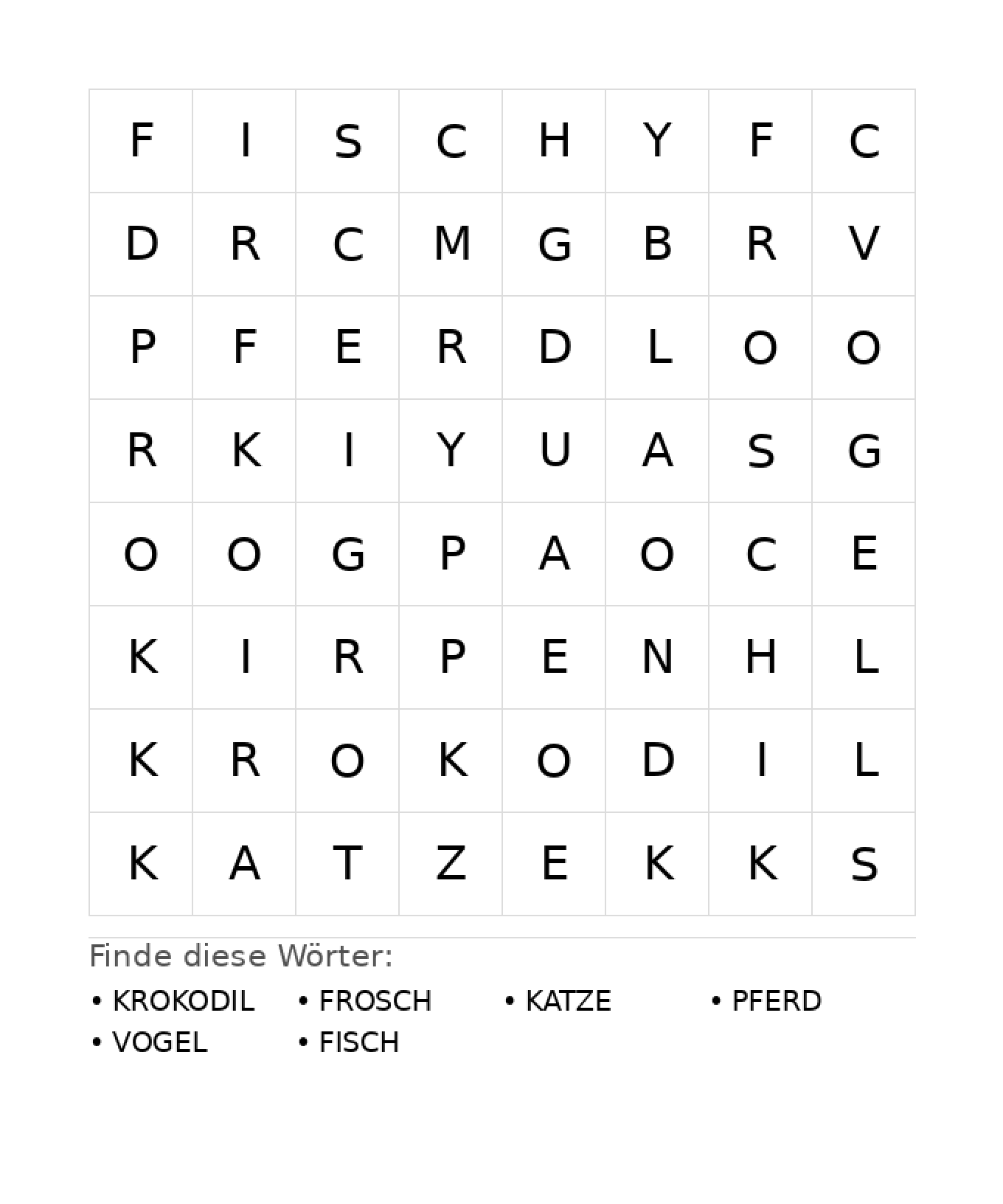 Wortsuchrätsel Wortsuchrätsel: Tiere für Kindergarten aus der Kategorie Wortsuchrätsel - kostenlos ausdrucken