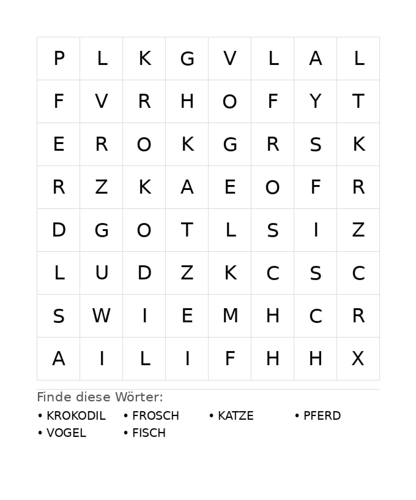 Wortsuchrätsel Wortsuchrätsel: Tiere für Kindergarten aus der Kategorie Wortsuchrätsel - kostenlos ausdrucken