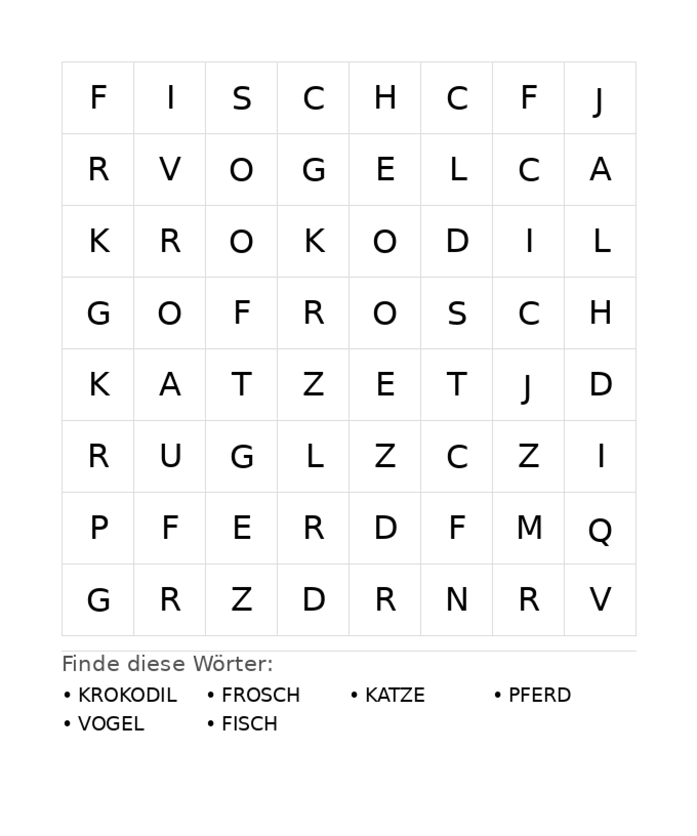 Wortsuchrätsel Wortsuchrätsel: Tiere für Kindergarten aus der Kategorie Wortsuchrätsel - kostenlos ausdrucken