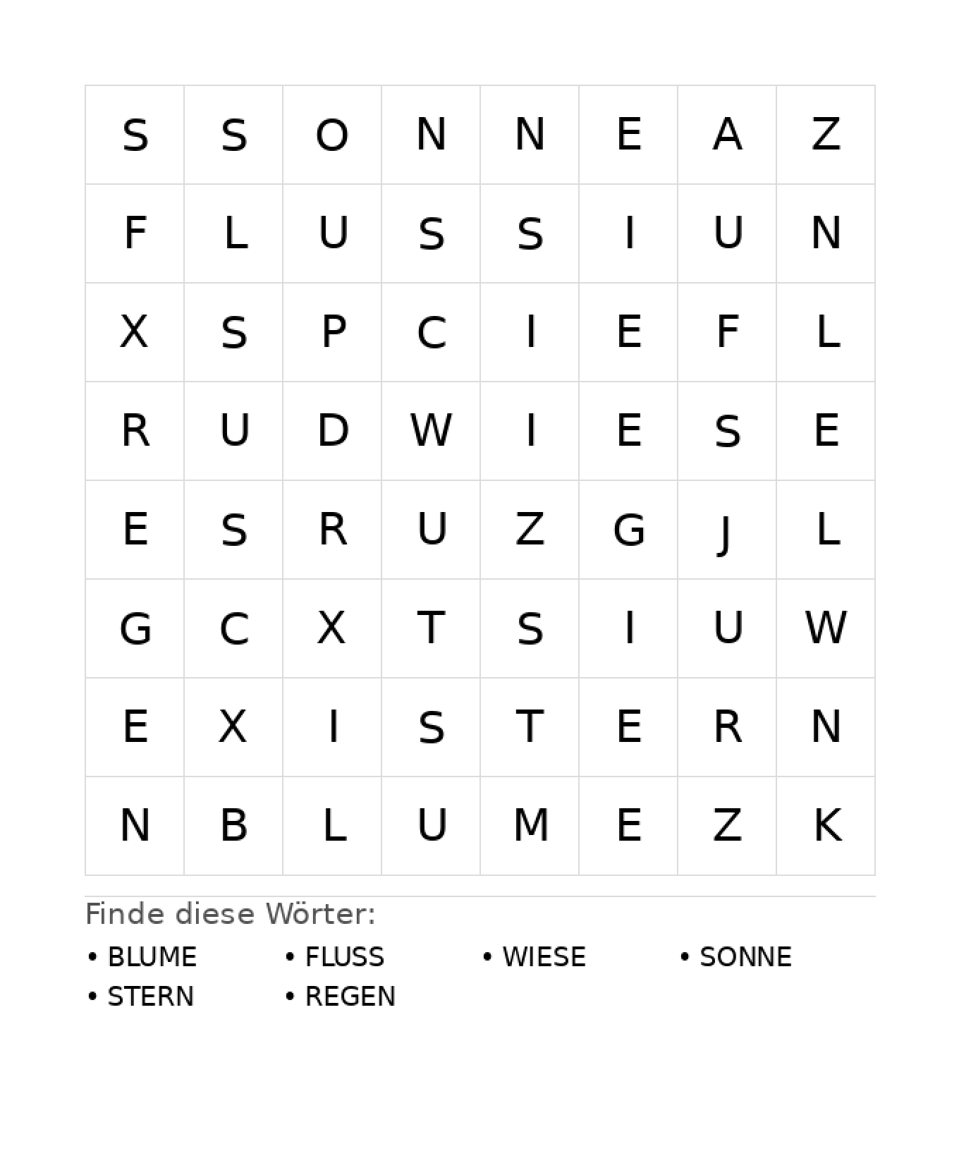 Wortsuchrätsel Wortsuchrätsel: Natur für Kindergarten aus der Kategorie Wortsuchrätsel - kostenlos ausdrucken
