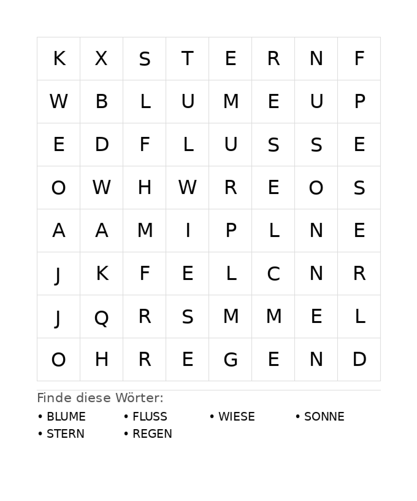 Wortsuchrätsel Wortsuchrätsel: Natur für Kindergarten aus der Kategorie Wortsuchrätsel - kostenlos ausdrucken