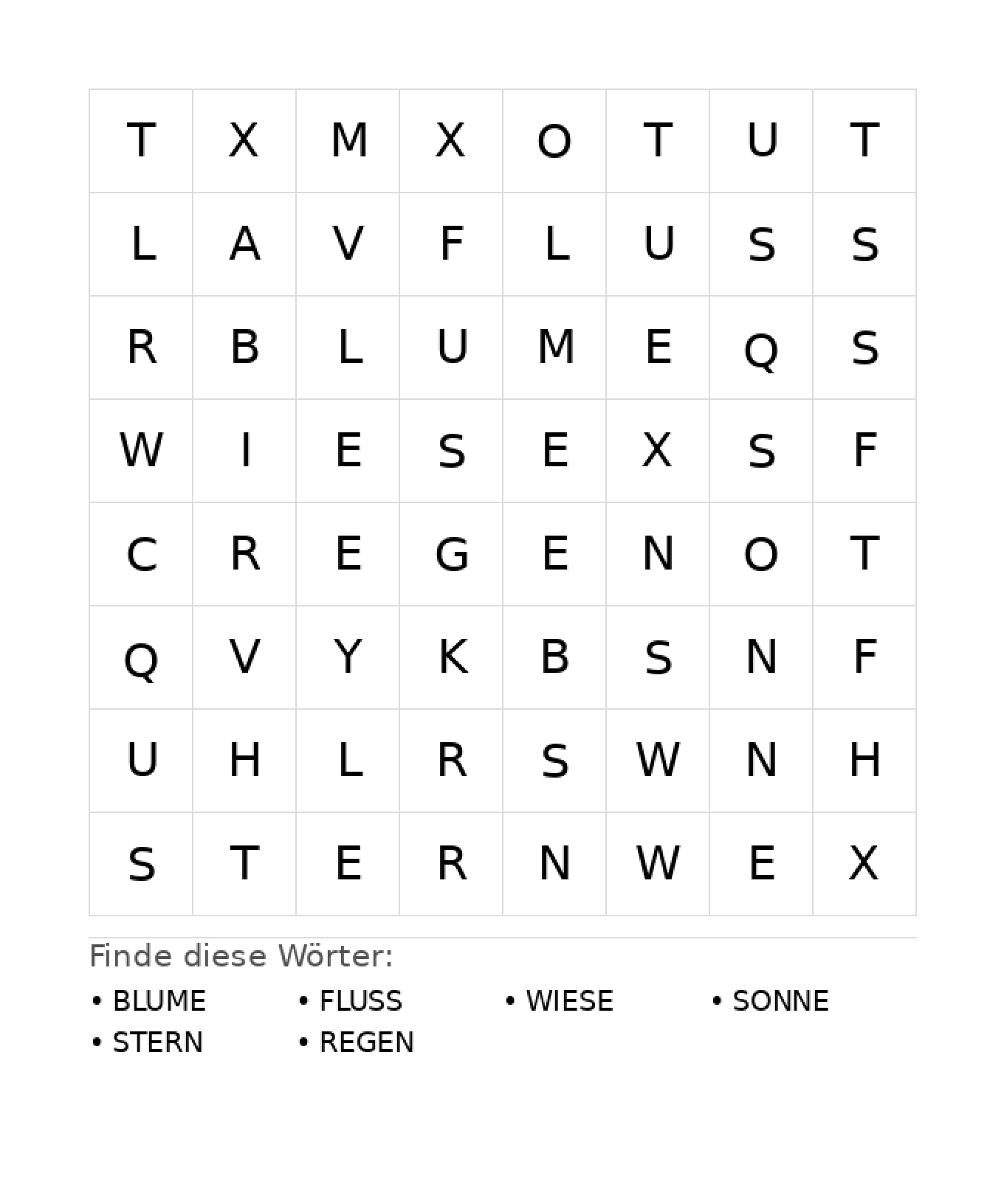 Wortsuchrätsel Wortsuchrätsel: Natur für Kindergarten aus der Kategorie Wortsuchrätsel - kostenlos ausdrucken