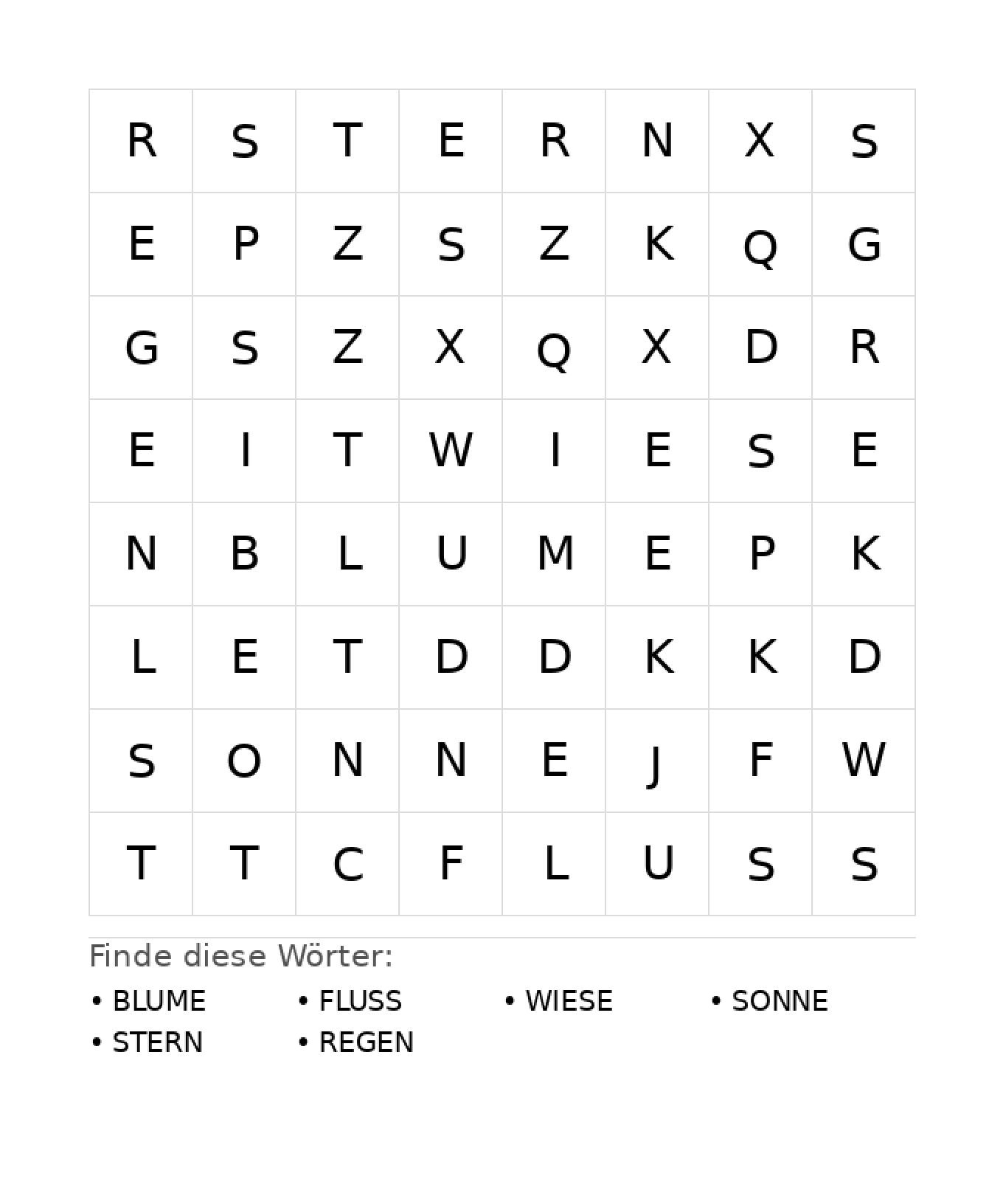 Wortsuchrätsel Wortsuchrätsel: Natur für Kindergarten aus der Kategorie Wortsuchrätsel - kostenlos ausdrucken