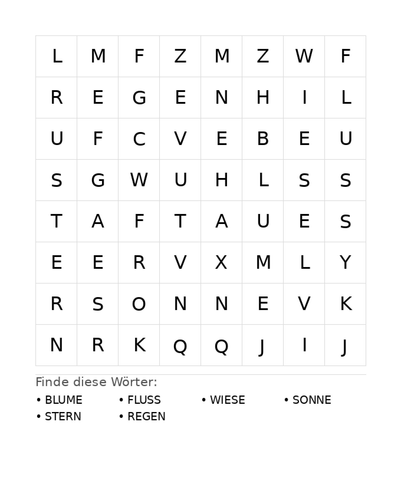 Wortsuchrätsel Wortsuchrätsel: Natur für Kindergarten aus der Kategorie Wortsuchrätsel - kostenlos ausdrucken