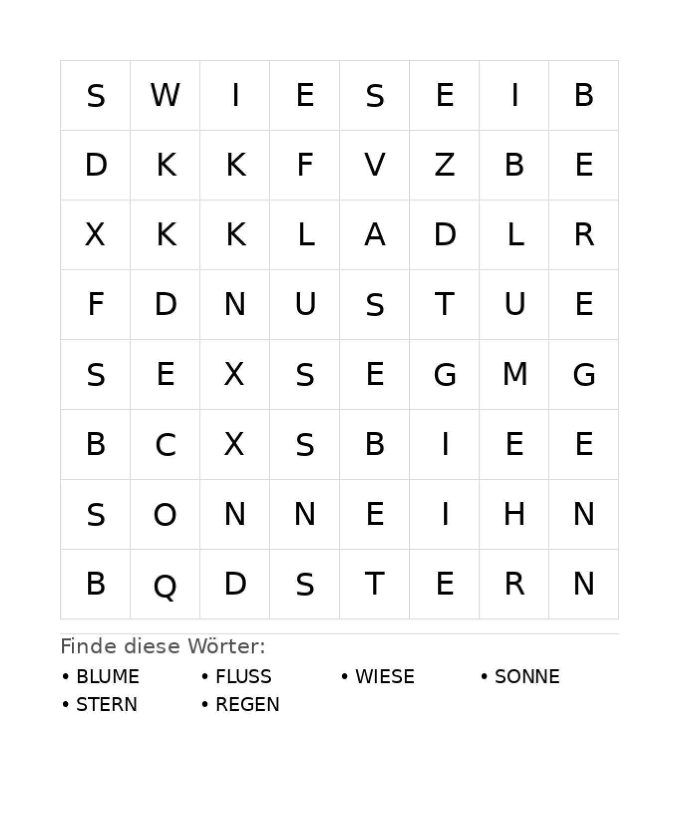 Wortsuchrätsel Wortsuchrätsel: Natur für Kindergarten aus der Kategorie Wortsuchrätsel - kostenlos ausdrucken