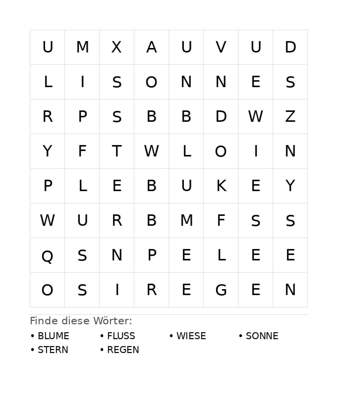 Wortsuchrätsel Wortsuchrätsel: Natur für Kindergarten aus der Kategorie Wortsuchrätsel - kostenlos ausdrucken
