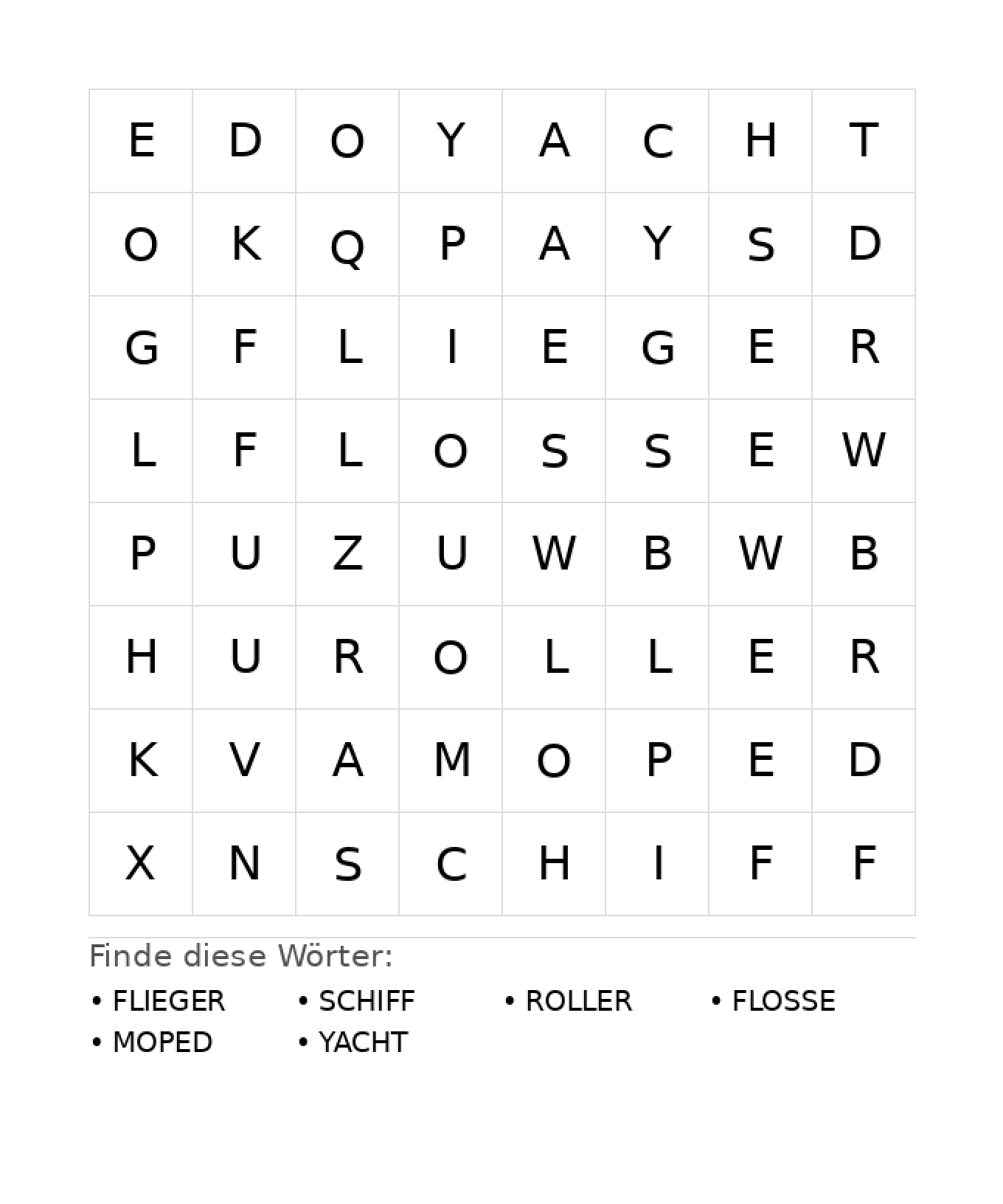 Wortsuchrätsel Wortsuchrätsel: Fahrzeuge für Kindergarten aus der Kategorie Wortsuchrätsel - kostenlos ausdrucken