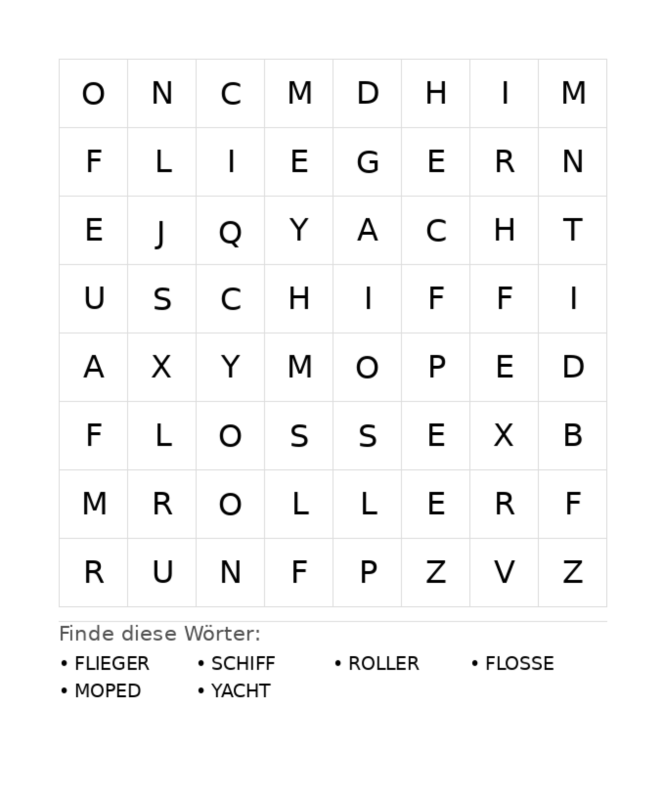 Wortsuchrätsel Wortsuchrätsel: Fahrzeuge für Kindergarten aus der Kategorie Wortsuchrätsel - kostenlos ausdrucken