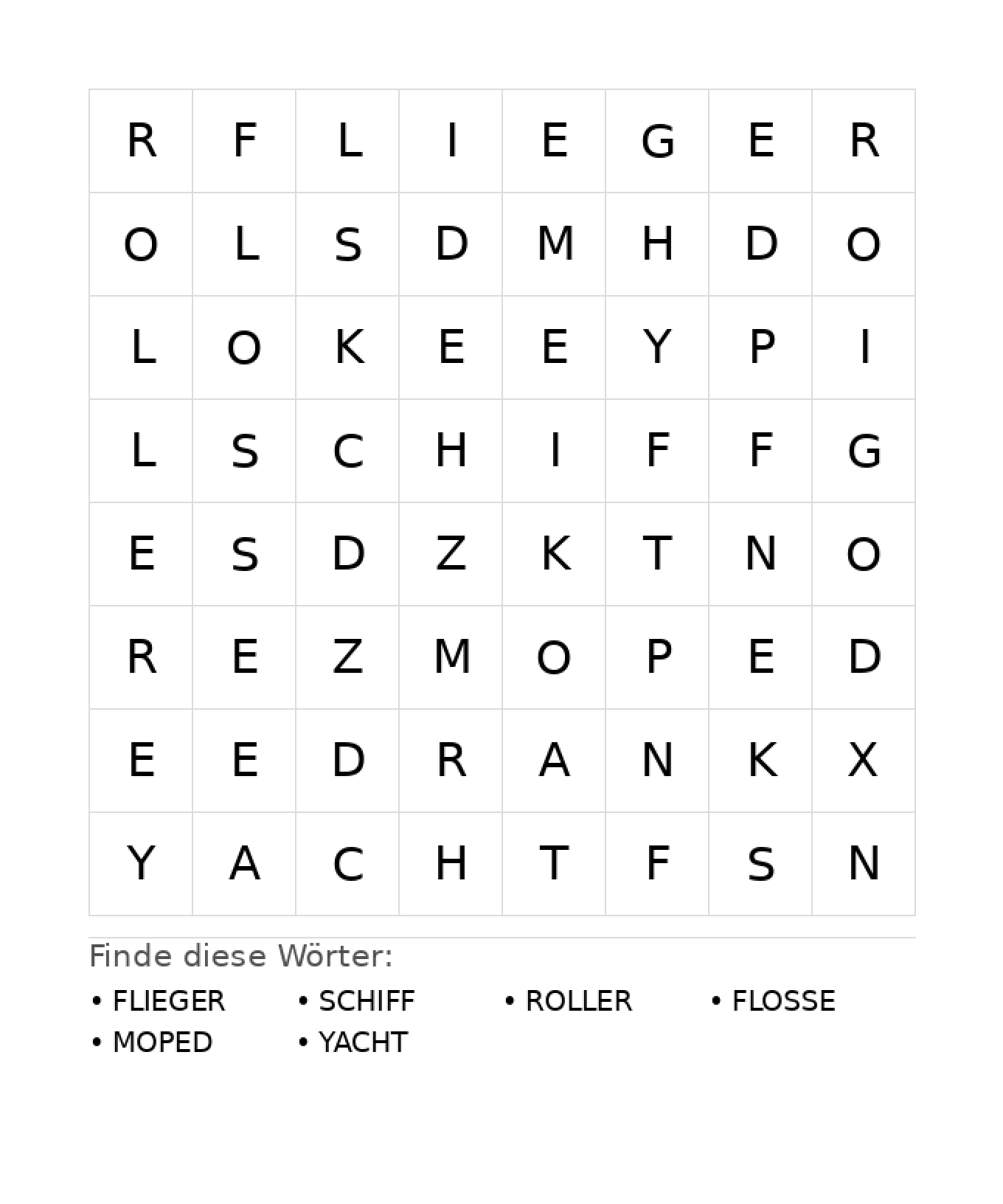 Wortsuchrätsel Wortsuchrätsel: Fahrzeuge für Kindergarten aus der Kategorie Wortsuchrätsel - kostenlos ausdrucken