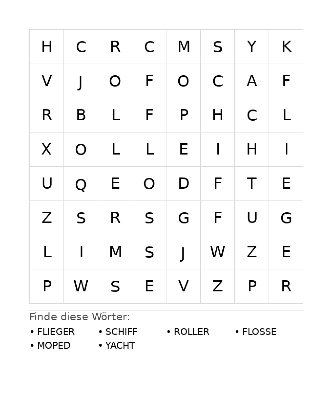 Wortsuchrätsel Wortsuchrätsel: Fahrzeuge für Kindergarten aus der Kategorie Wortsuchrätsel - kostenlos ausdrucken
