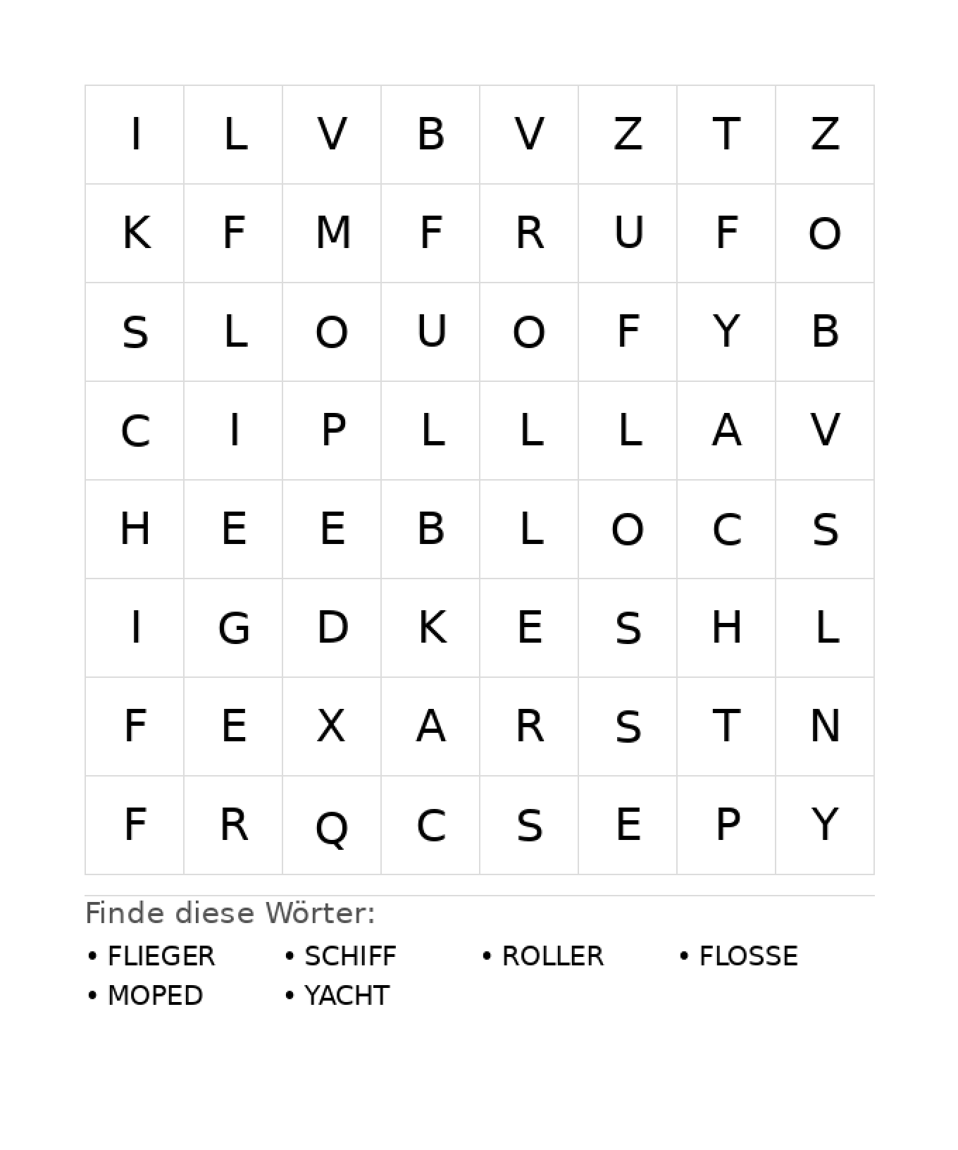 Wortsuchrätsel Wortsuchrätsel: Fahrzeuge für Kindergarten aus der Kategorie Wortsuchrätsel - kostenlos ausdrucken