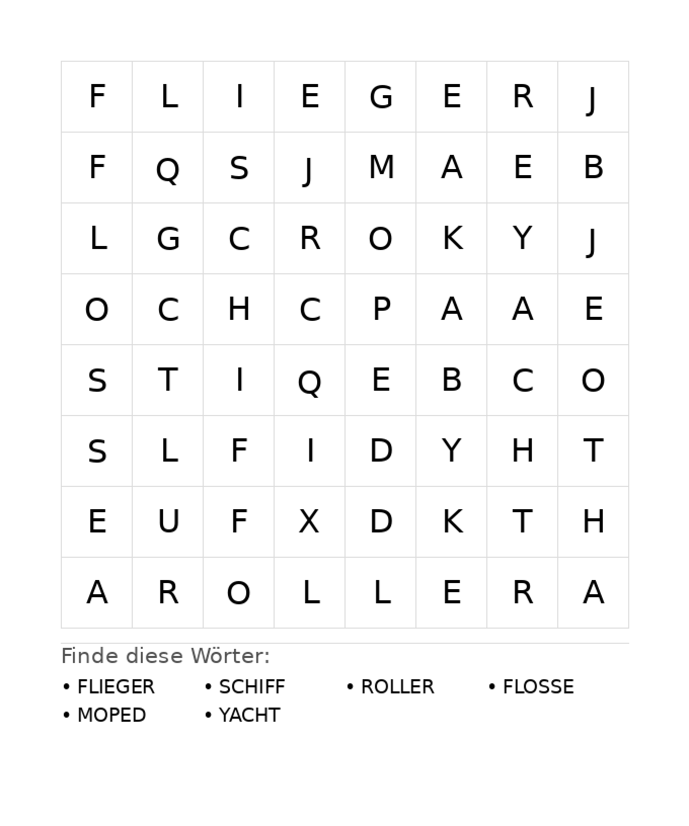Wortsuchrätsel Wortsuchrätsel: Fahrzeuge für Kindergarten aus der Kategorie Wortsuchrätsel - kostenlos ausdrucken