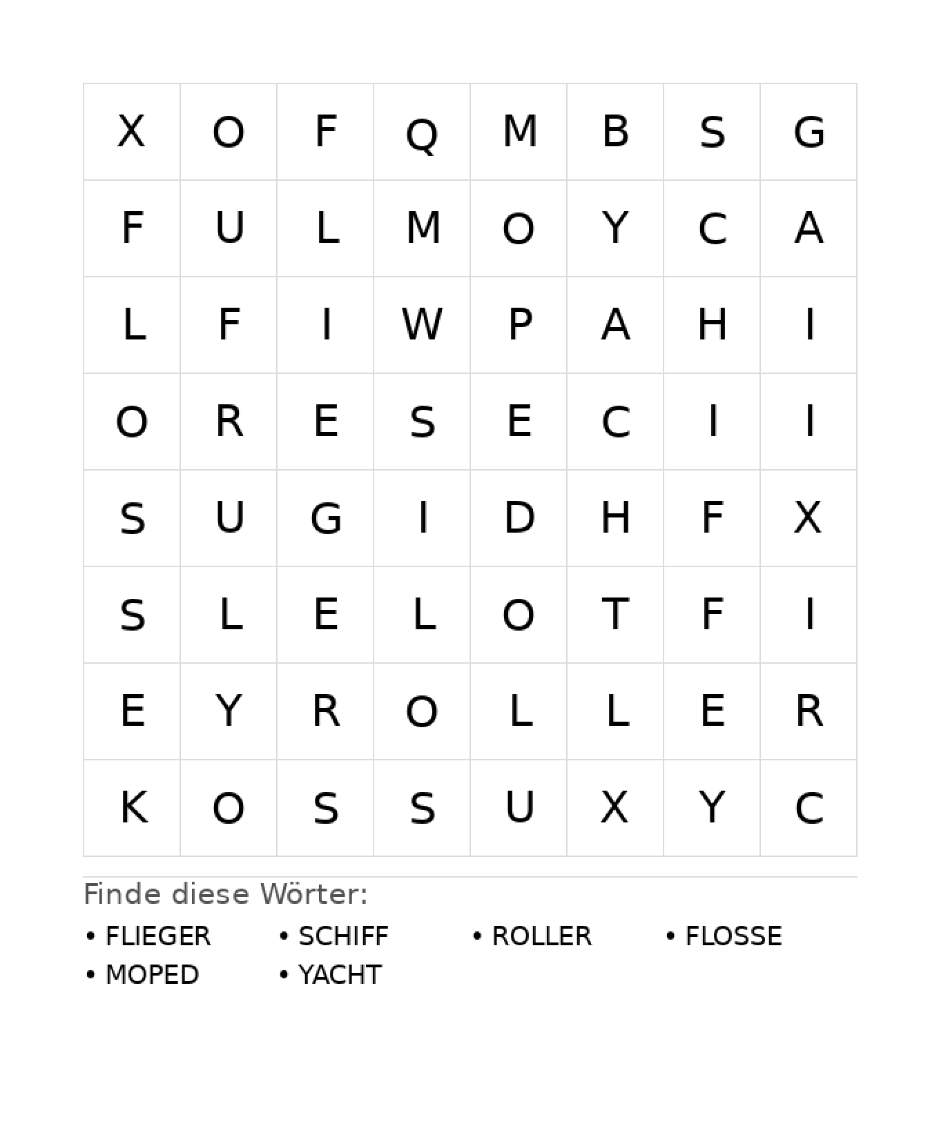 Wortsuchrätsel Wortsuchrätsel: Fahrzeuge für Kindergarten aus der Kategorie Wortsuchrätsel - kostenlos ausdrucken