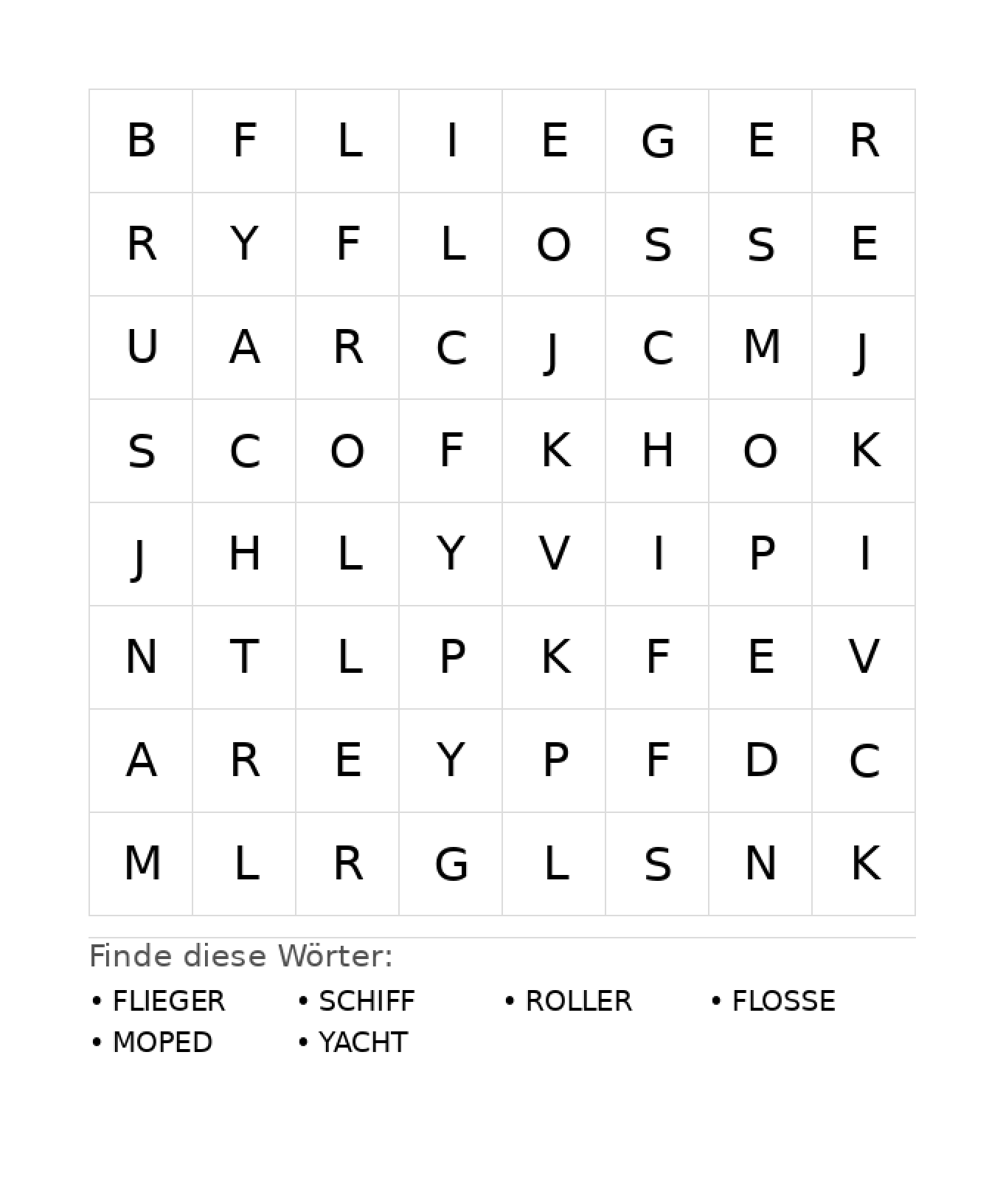 Wortsuchrätsel Wortsuchrätsel: Fahrzeuge für Kindergarten aus der Kategorie Wortsuchrätsel - kostenlos ausdrucken