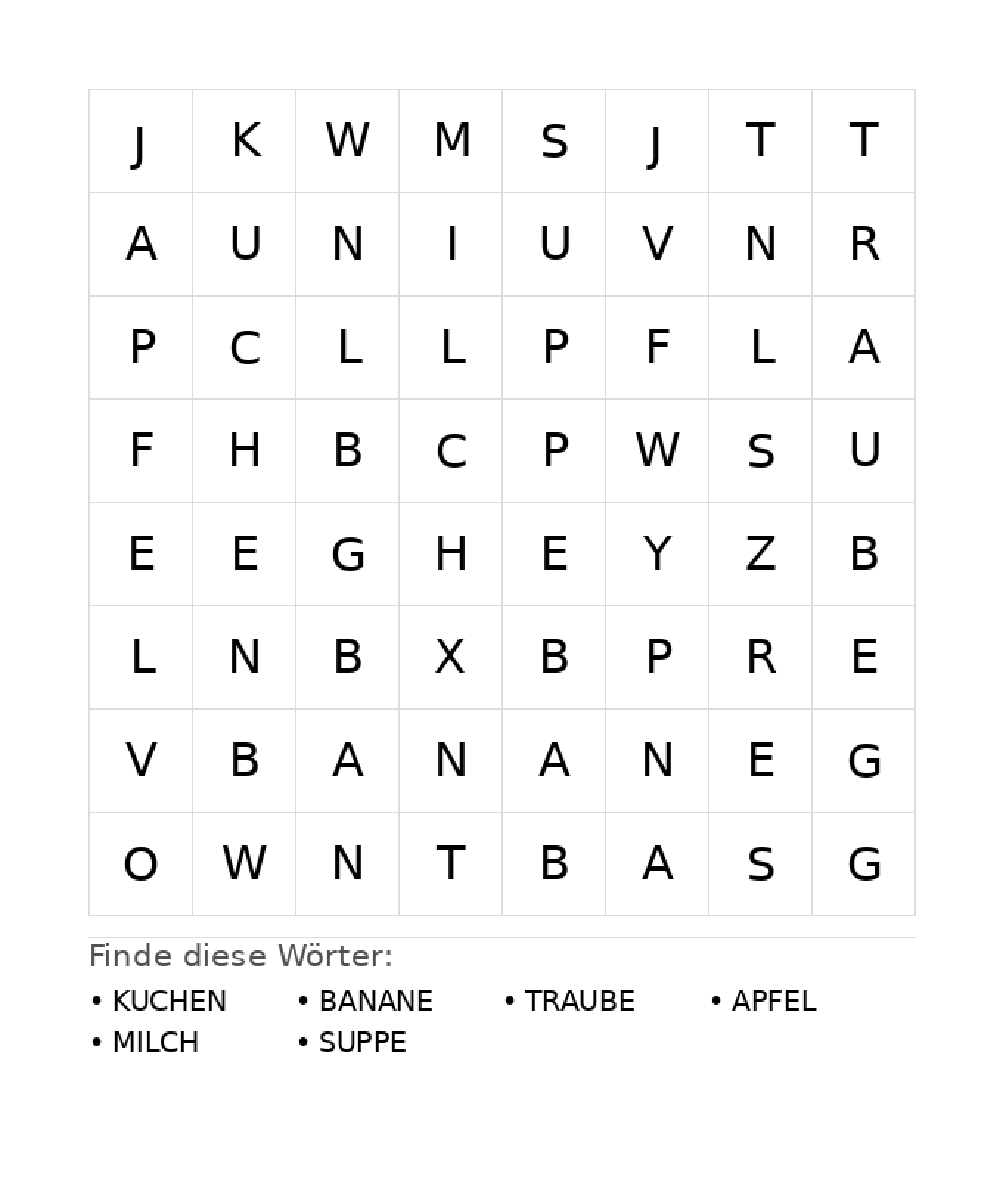 Wortsuchrätsel Wortsuchrätsel: Essen für Kindergarten aus der Kategorie Wortsuchrätsel - kostenlos ausdrucken