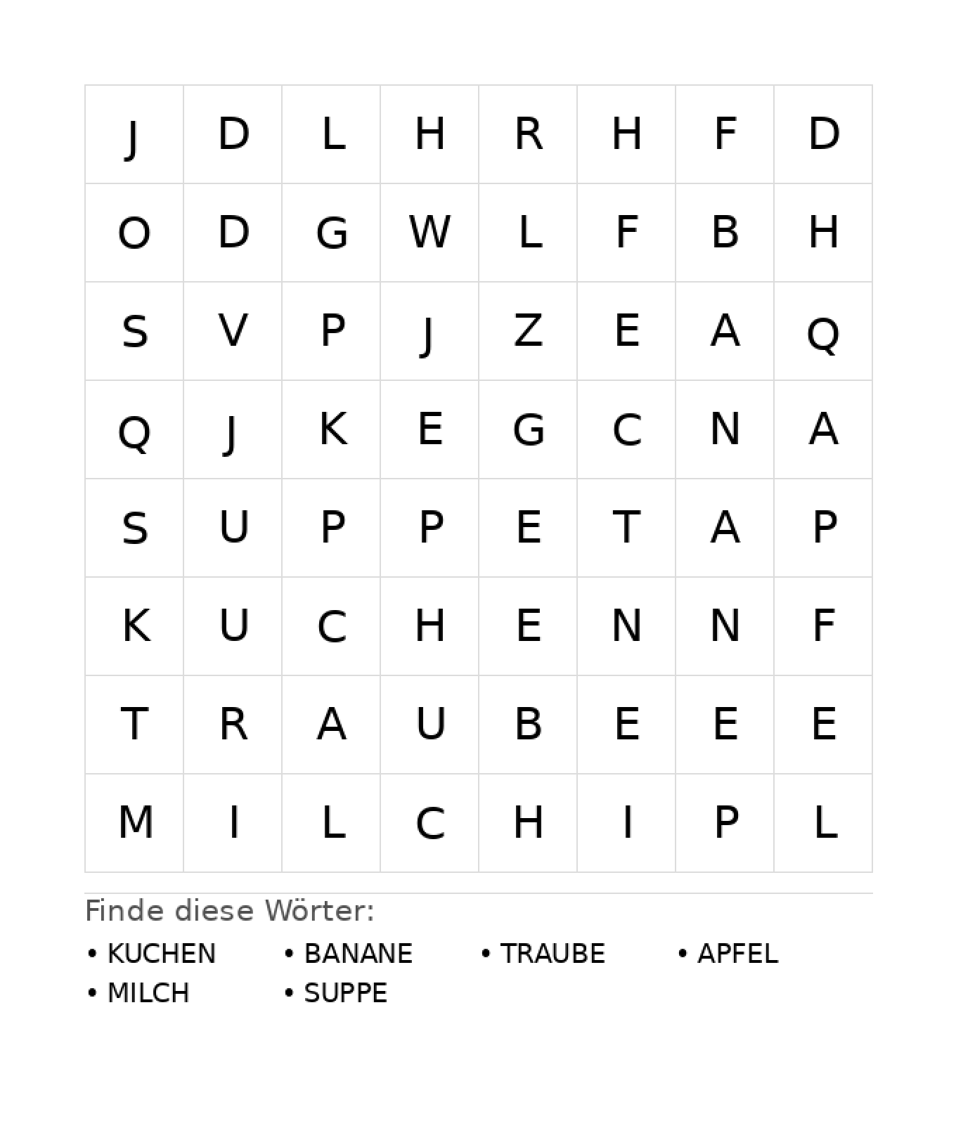 Wortsuchrätsel Wortsuchrätsel: Essen für Kindergarten aus der Kategorie Wortsuchrätsel - kostenlos ausdrucken