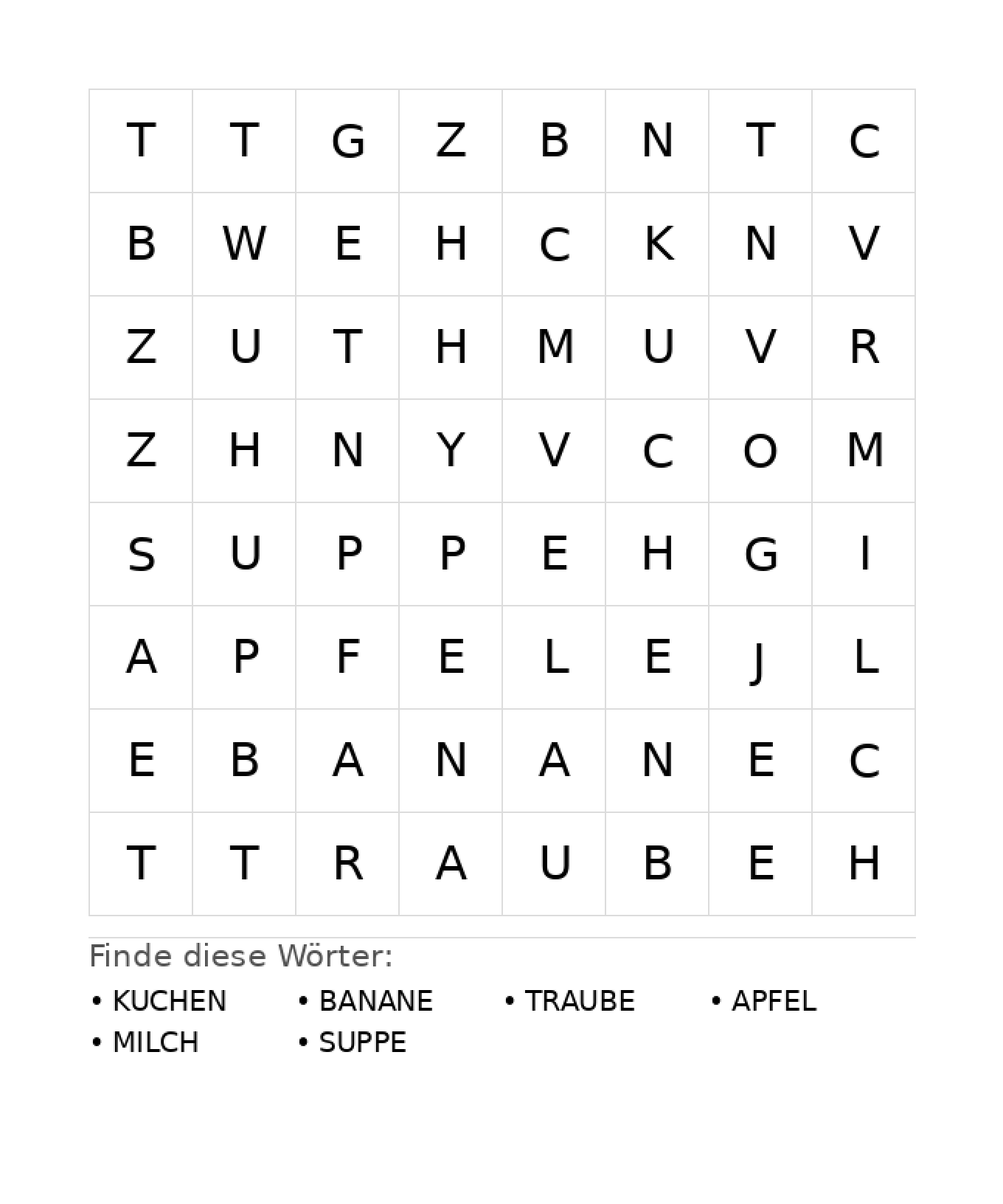 Wortsuchrätsel Wortsuchrätsel: Essen für Kindergarten aus der Kategorie Wortsuchrätsel - kostenlos ausdrucken
