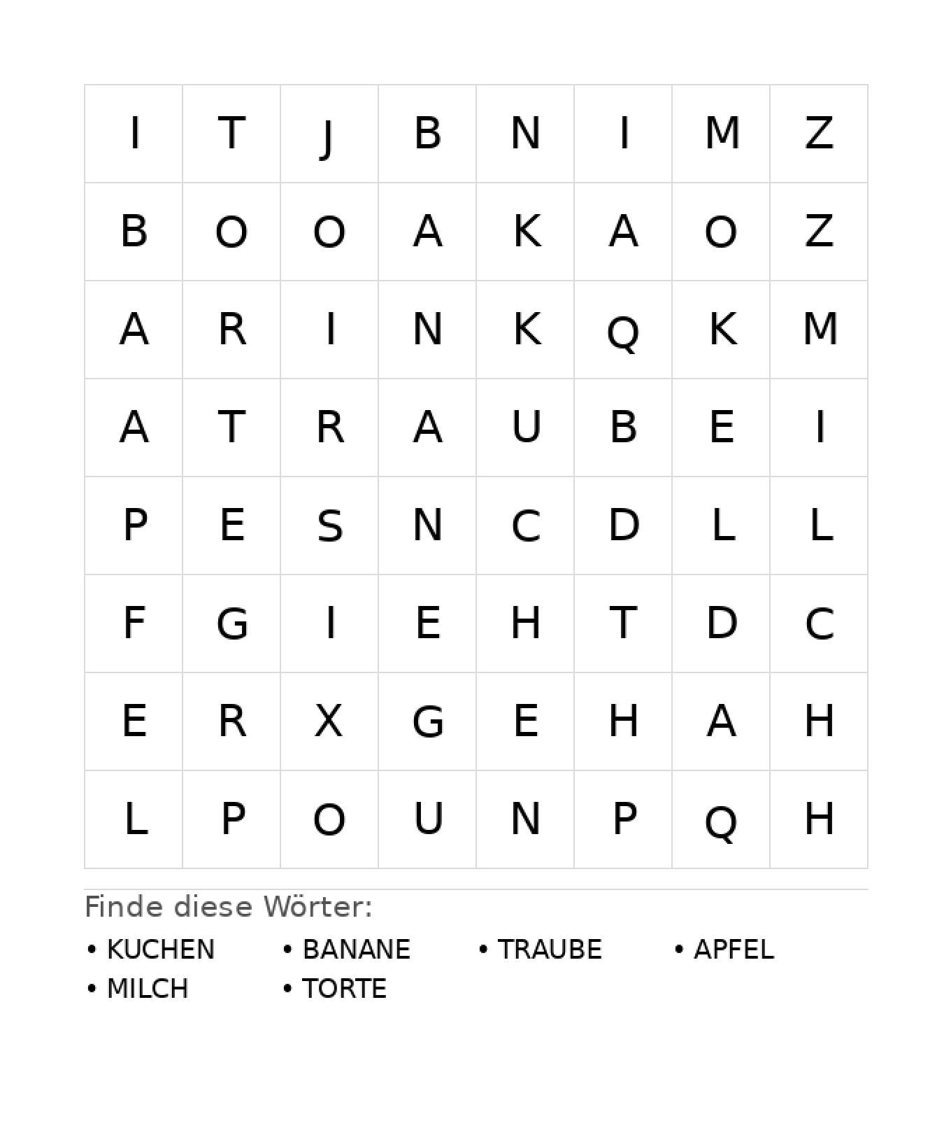 Wortsuchrätsel Wortsuchrätsel: Essen für Kindergarten aus der Kategorie Wortsuchrätsel - kostenlos ausdrucken