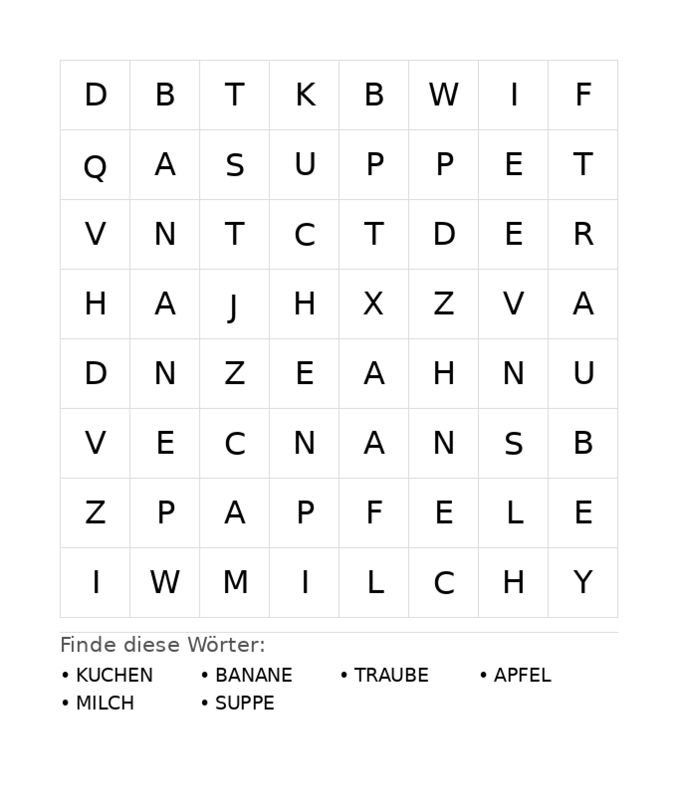 Wortsuchrätsel Wortsuchrätsel: Essen für Kindergarten aus der Kategorie Wortsuchrätsel - kostenlos ausdrucken
