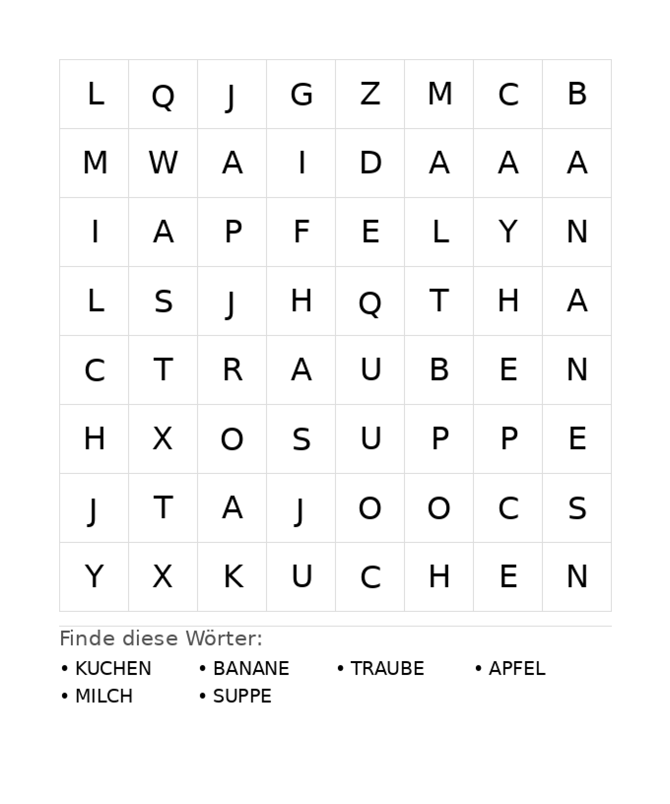Wortsuchrätsel Wortsuchrätsel: Essen für Kindergarten aus der Kategorie Wortsuchrätsel - kostenlos ausdrucken