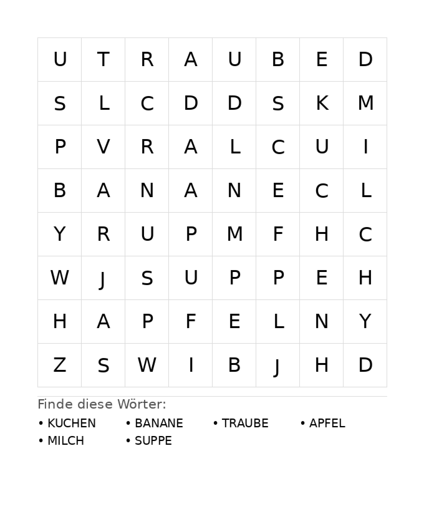 Wortsuchrätsel Wortsuchrätsel: Essen für Kindergarten aus der Kategorie Wortsuchrätsel - kostenlos ausdrucken