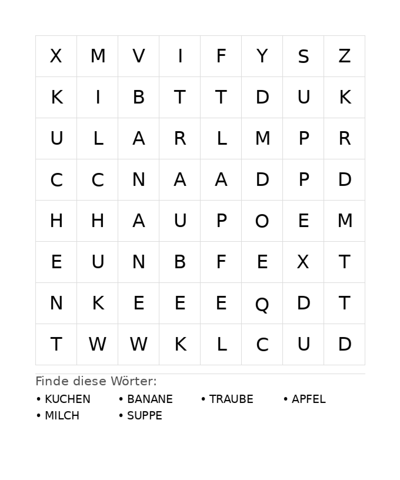 Wortsuchrätsel Wortsuchrätsel: Essen für Kindergarten aus der Kategorie Wortsuchrätsel - kostenlos ausdrucken