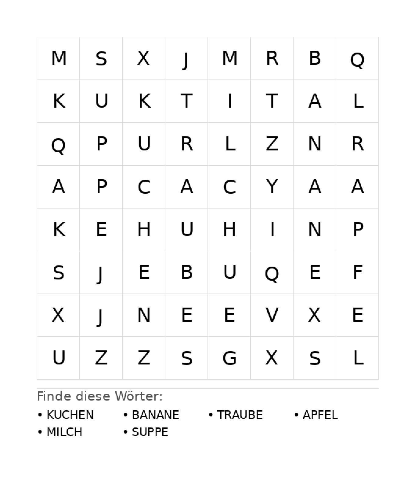 Wortsuchrätsel Wortsuchrätsel: Essen für Kindergarten aus der Kategorie Wortsuchrätsel - kostenlos ausdrucken