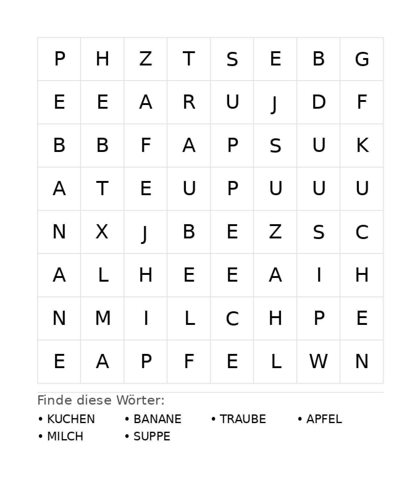 Wortsuchrätsel Wortsuchrätsel: Essen für Kindergarten aus der Kategorie Wortsuchrätsel - kostenlos ausdrucken