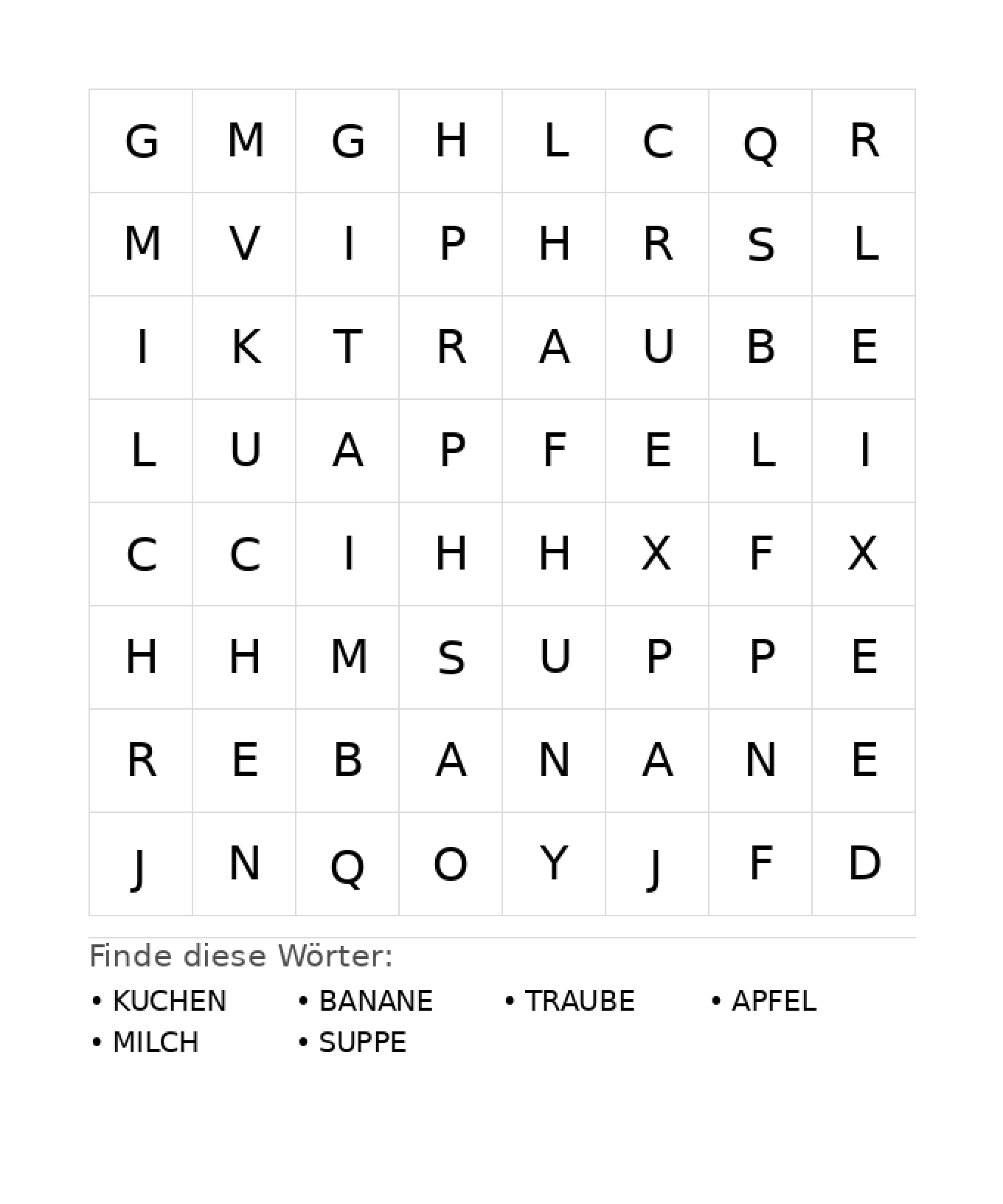 Wortsuchrätsel Wortsuchrätsel: Essen für Kindergarten aus der Kategorie Wortsuchrätsel - kostenlos ausdrucken